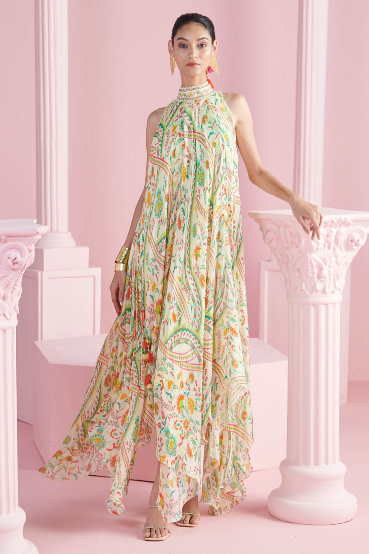 Buy Yellow Chiffon Asymmetric Dress by Mandira Wirk