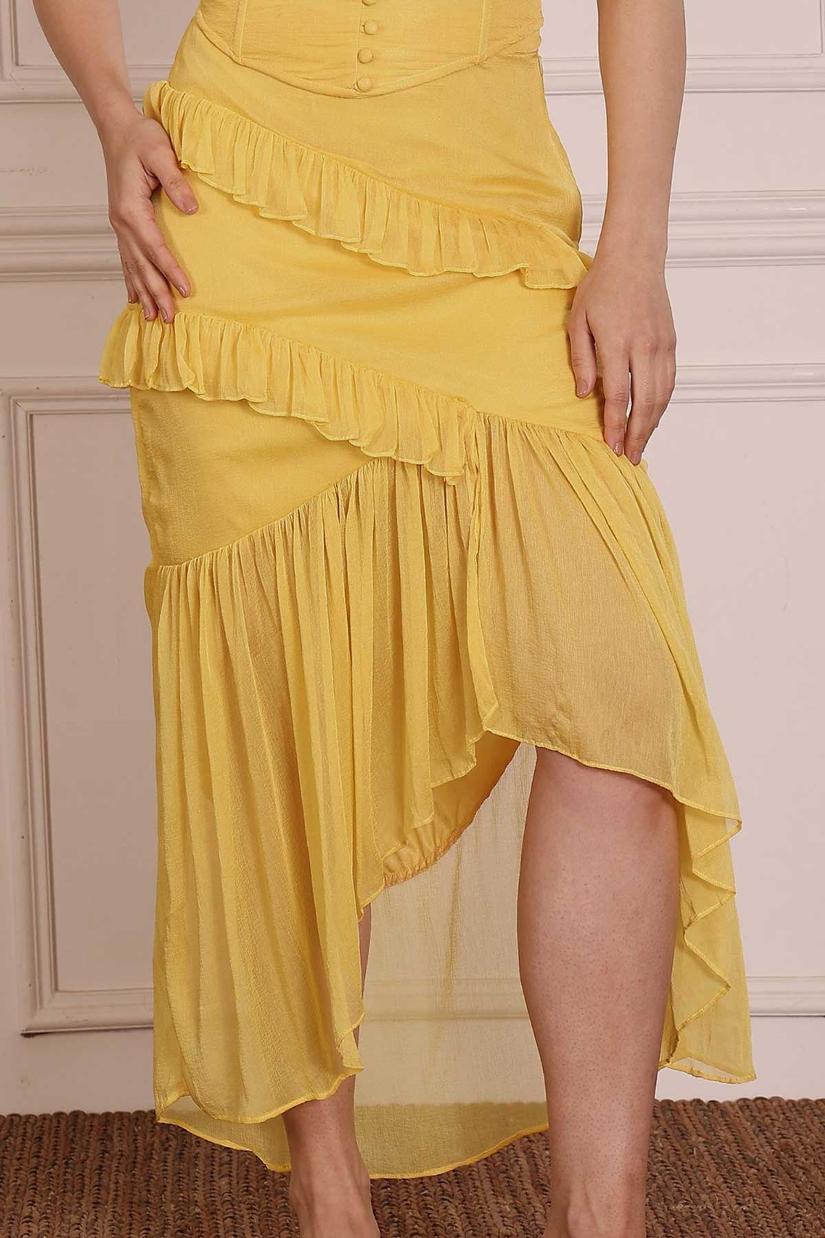 Buy Yellow Chiffon Asymmetric Skirt for women by Seoraa online available at scrollnshops