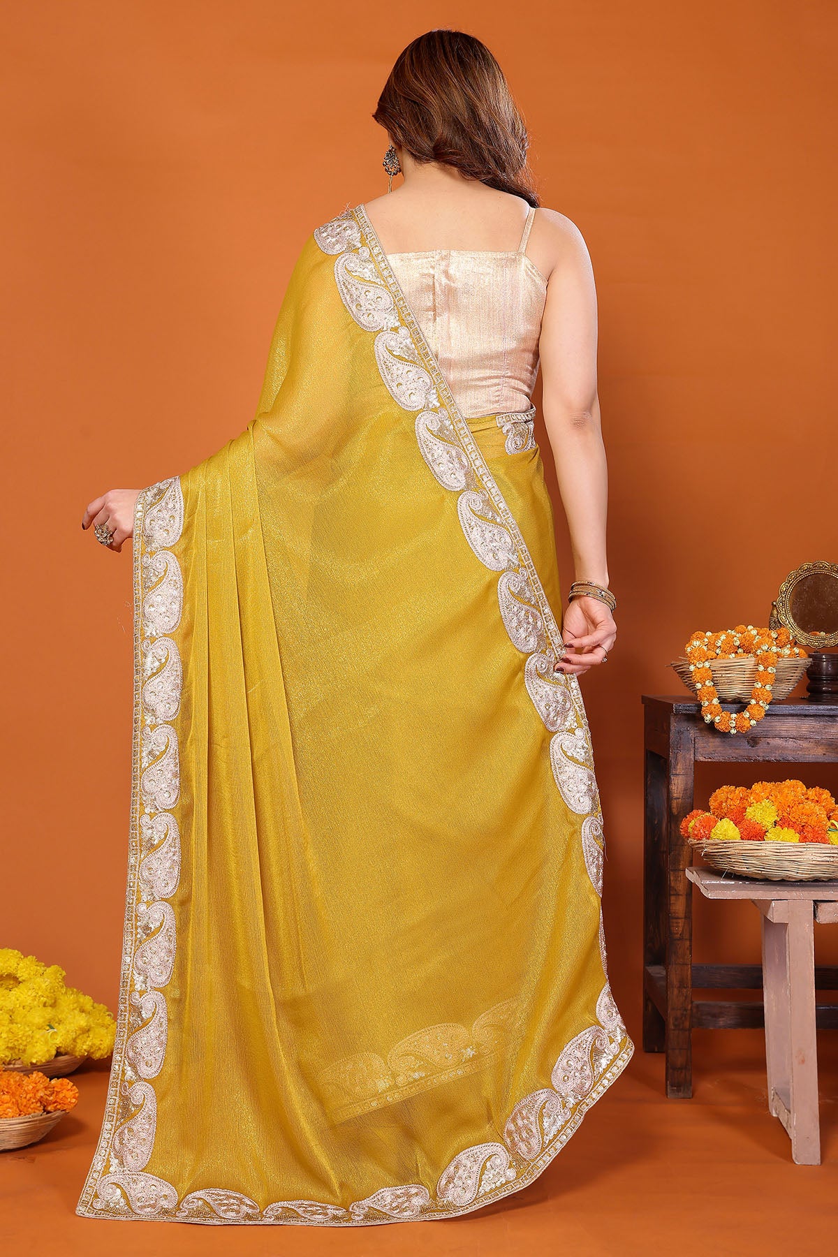 Yellow Chiffon Embroidery Saree