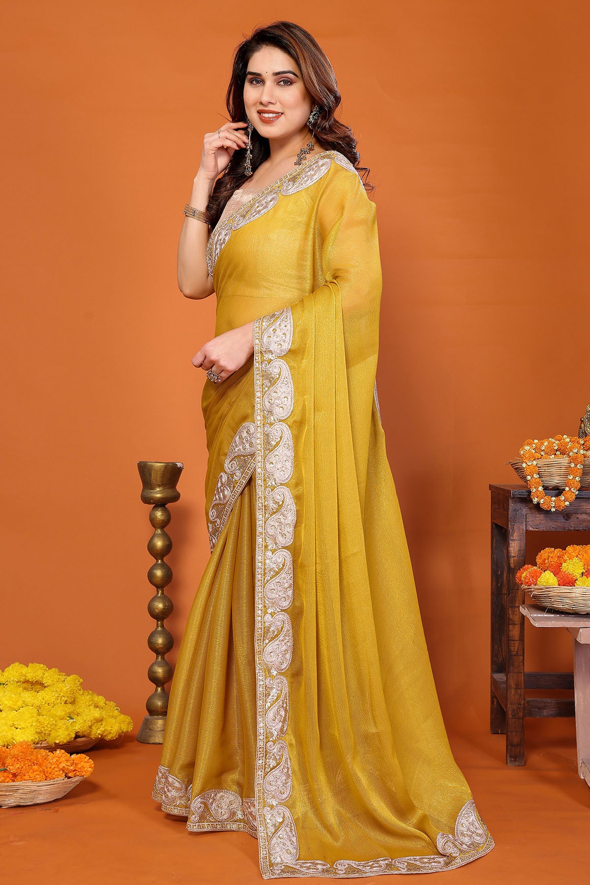 Yellow Chiffon Embroidery Saree