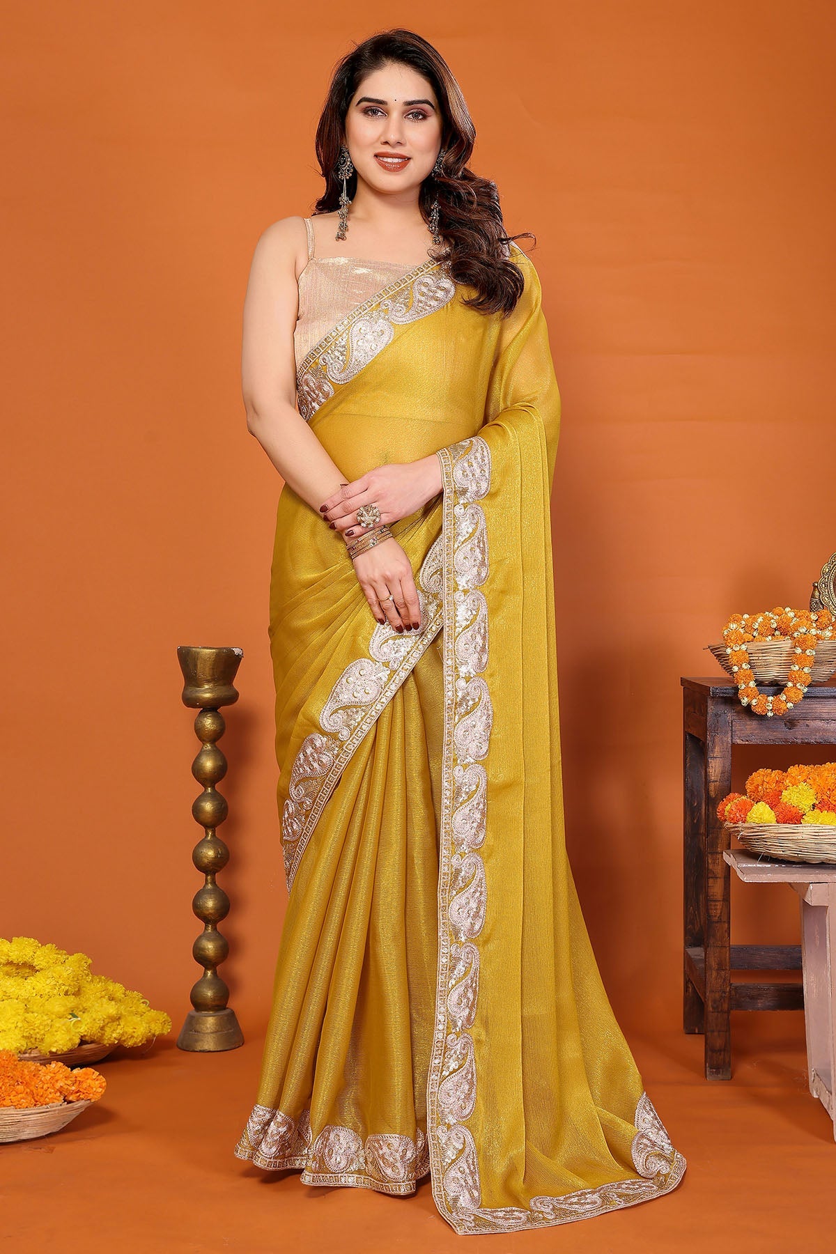 Buy Yellow Chiffon Embroidery Saree for women by Aastha Fashion online available at scrollnshops