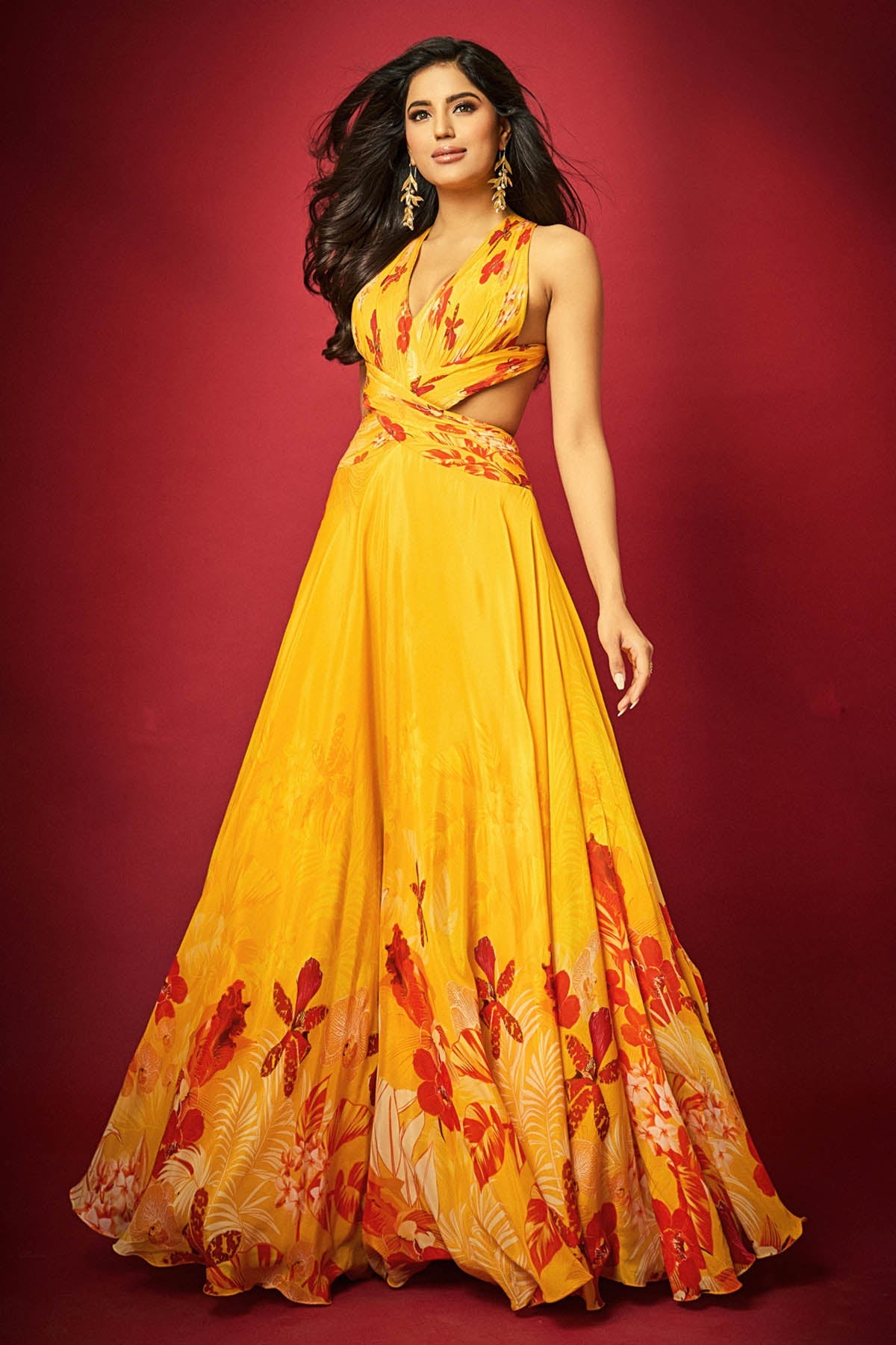 Mandira Wirk Yellow Chiffon Halter Neck Dress for women online at ScrollnShops