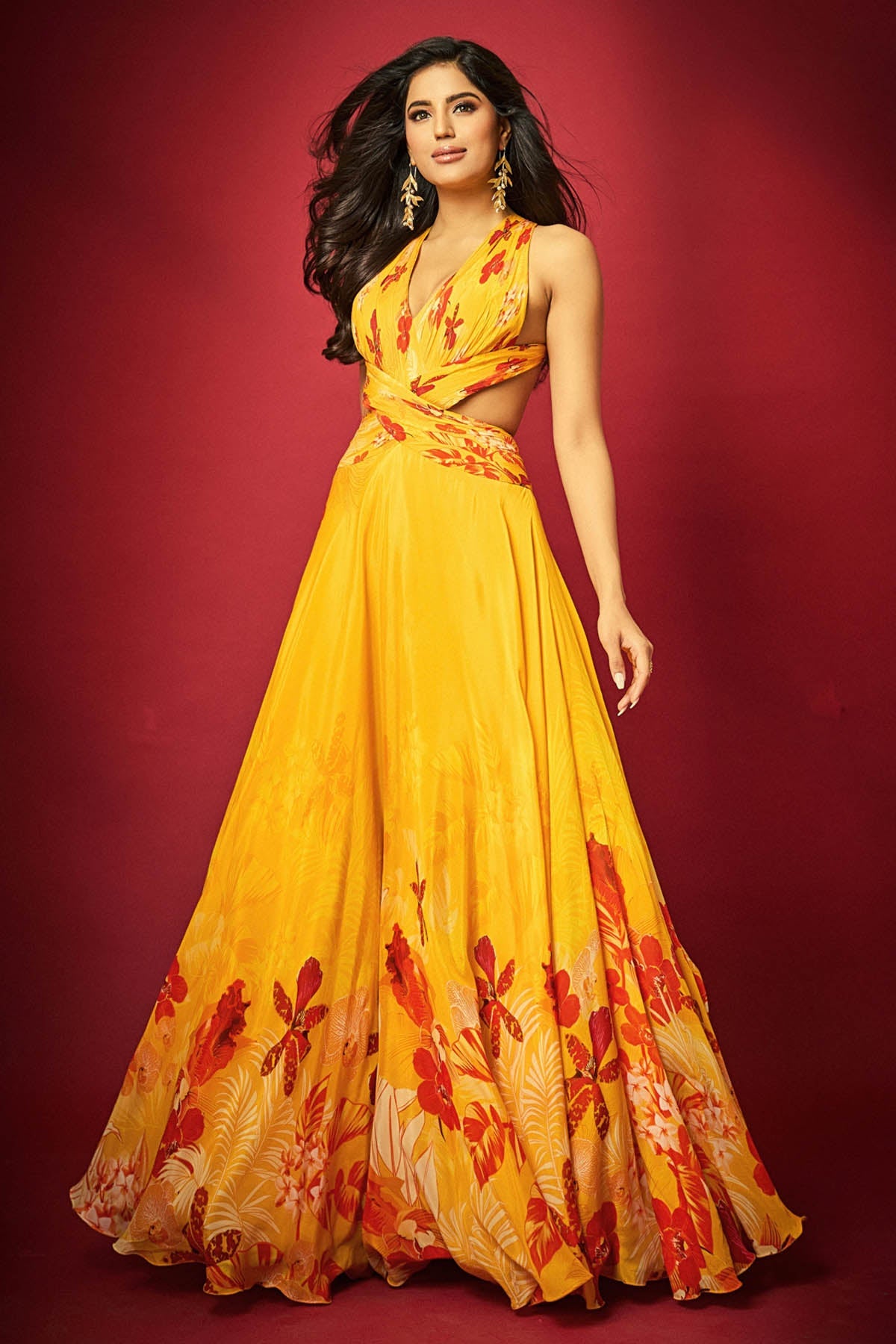 Buy Yellow Chiffon Halter Neck Dress by Mandira Wirk