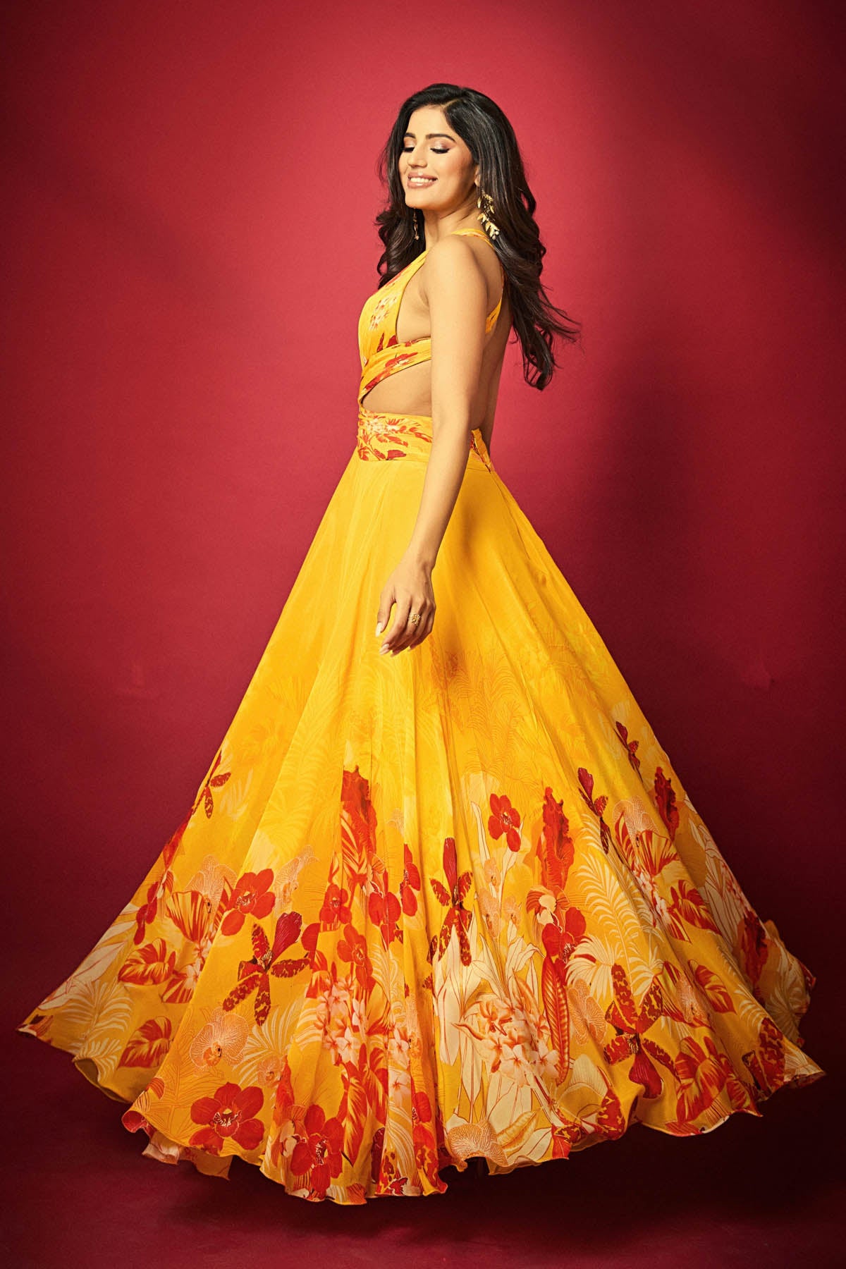 Yellow Chiffon Halter Neck Dress