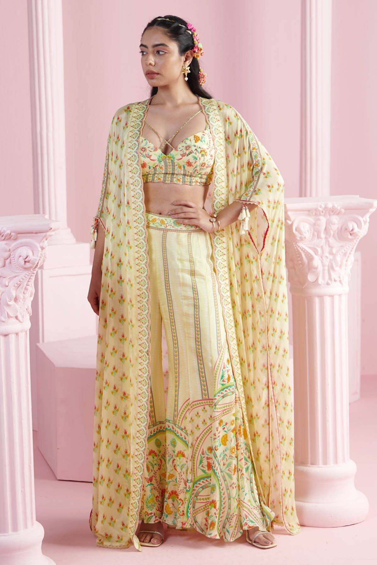 Buy Yellow Chiffon Indo-Western Set by Mandira Wirk