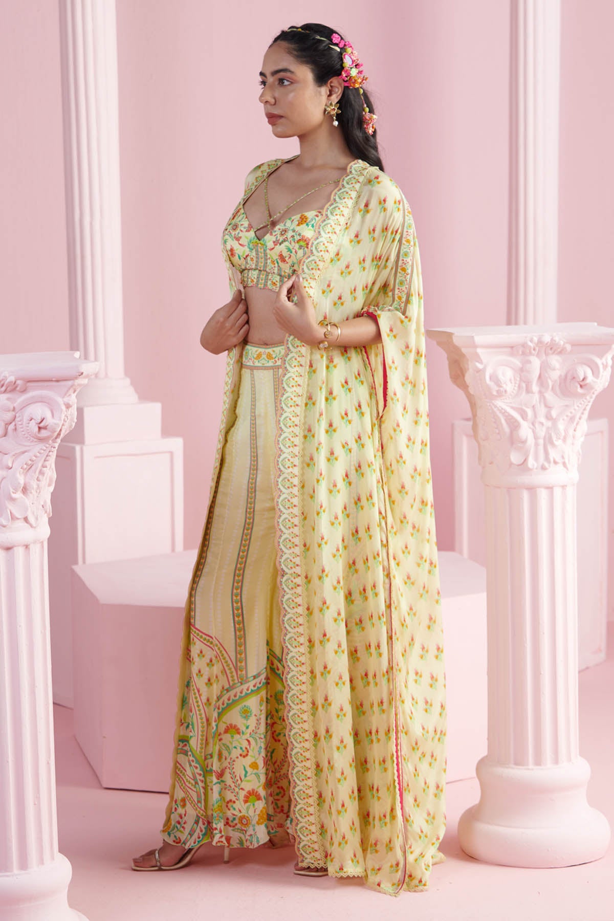 Yellow Chiffon Indo-Western Set