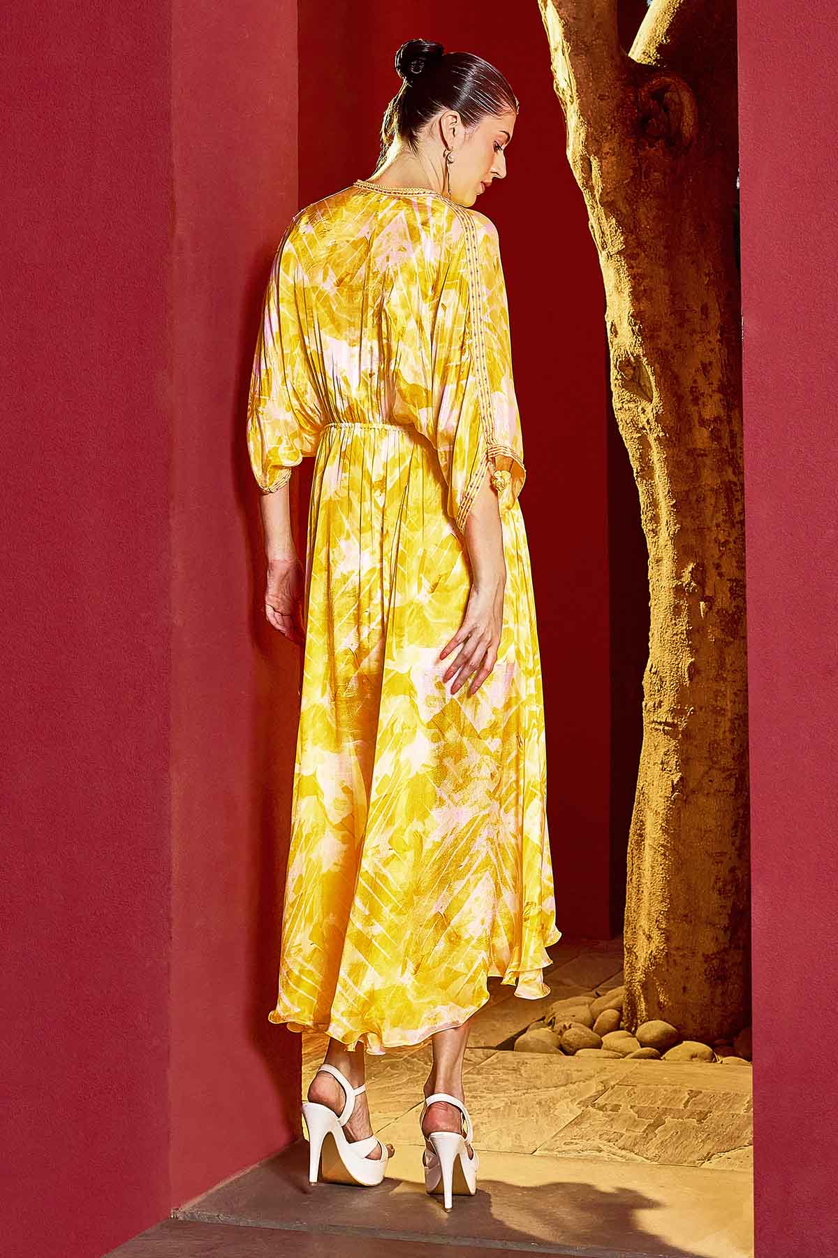 Yellow Chiffon Print Midi Kaftan