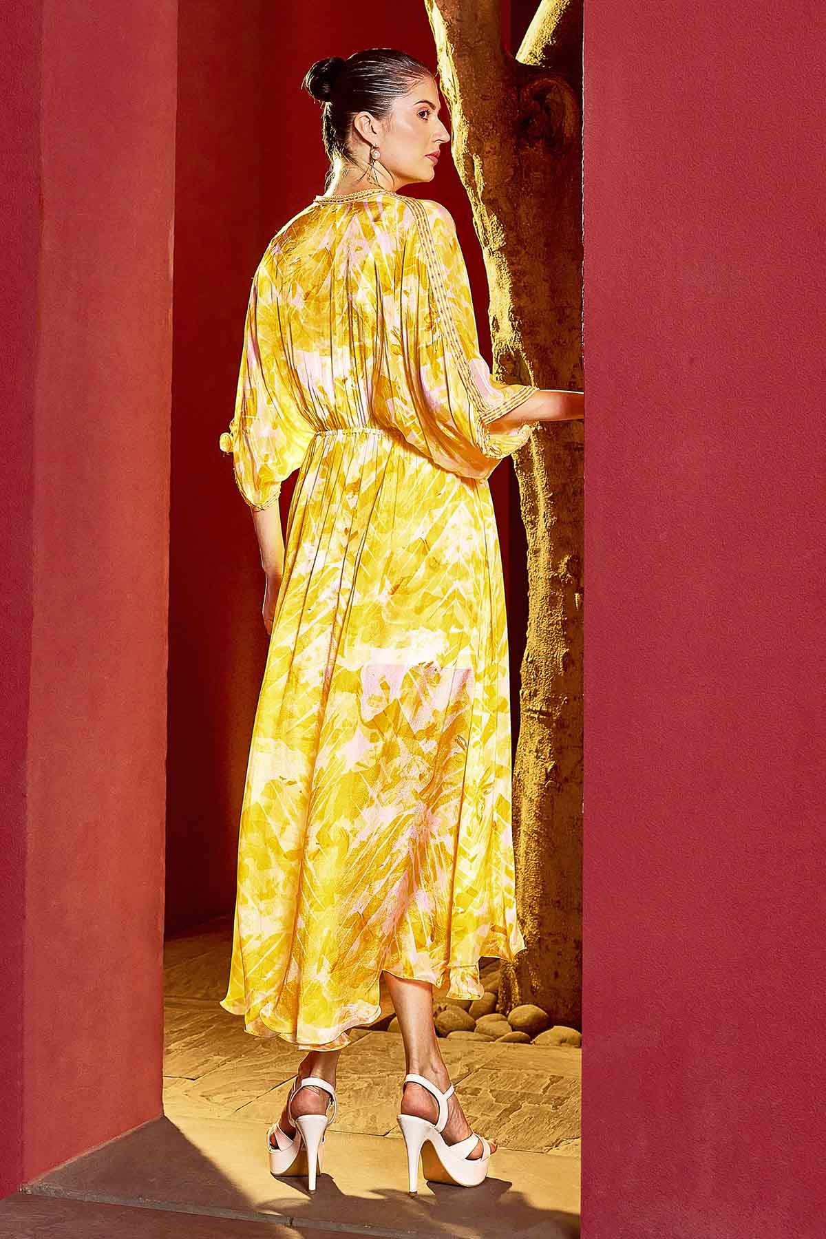 Yellow Chiffon Print Midi Kaftan
