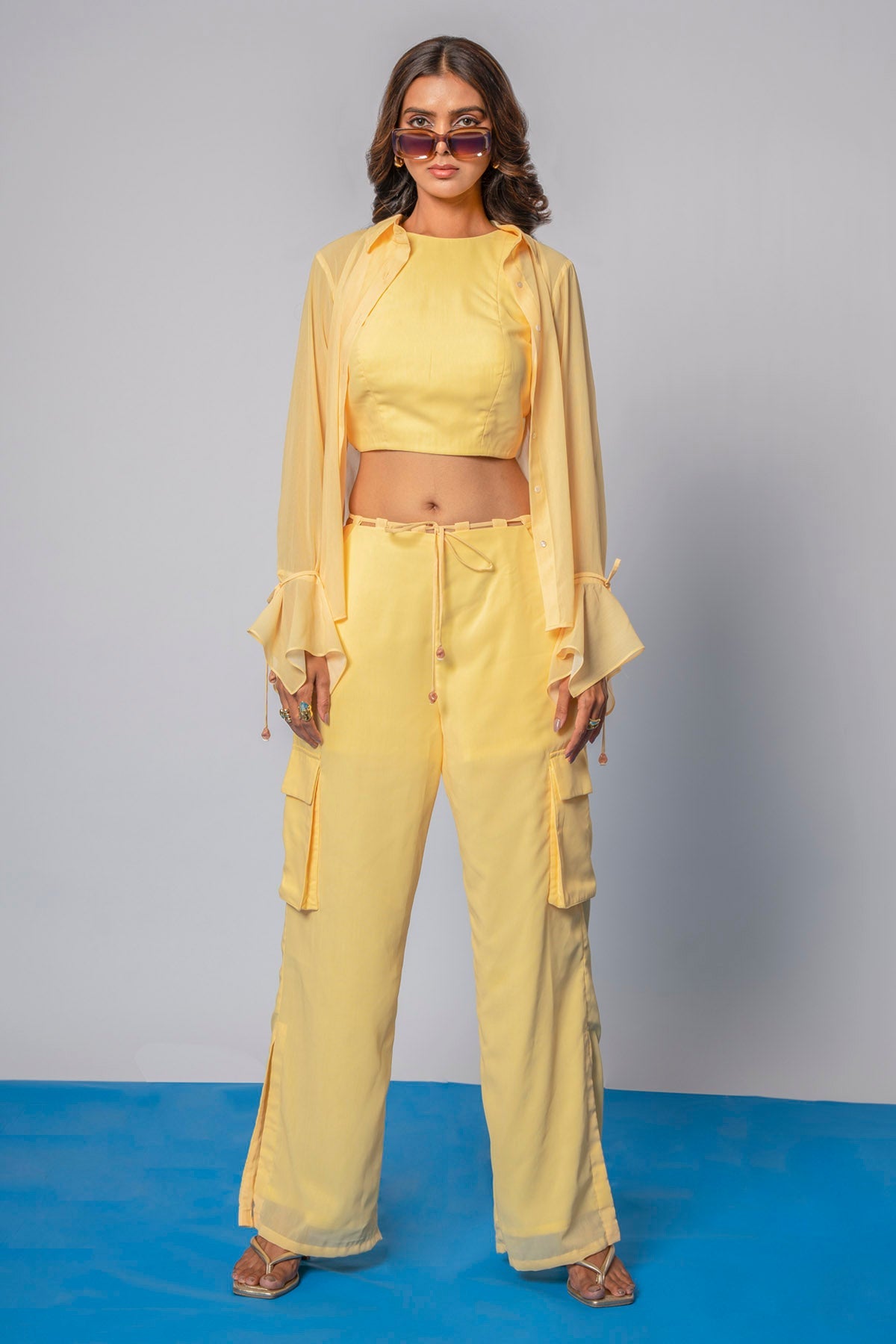 The Decem Ally Yellow Chiffon Shirt Co-ord Set for Women online available at scrollnshops