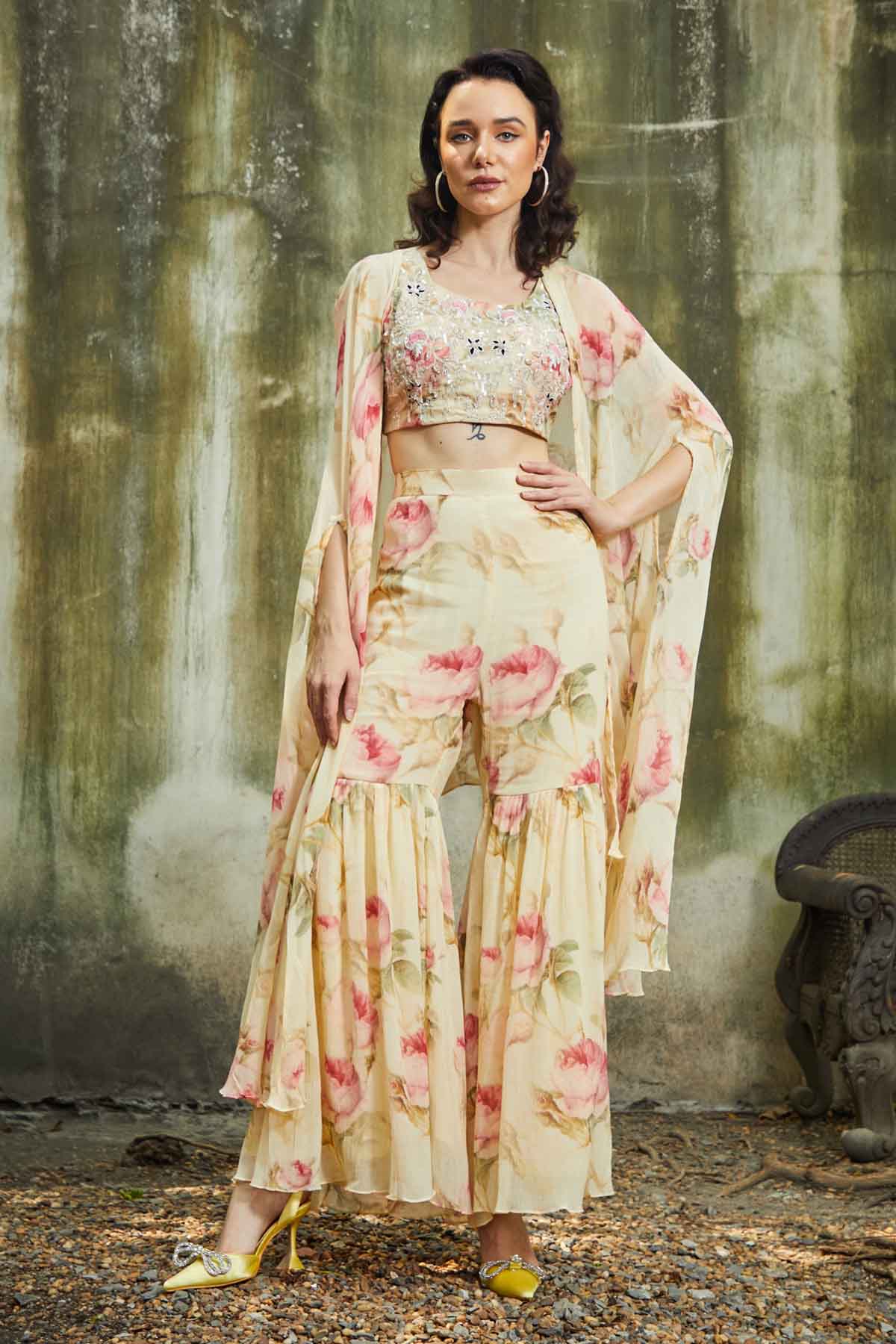 Yellow Chinon Palazzo & Jacket Set