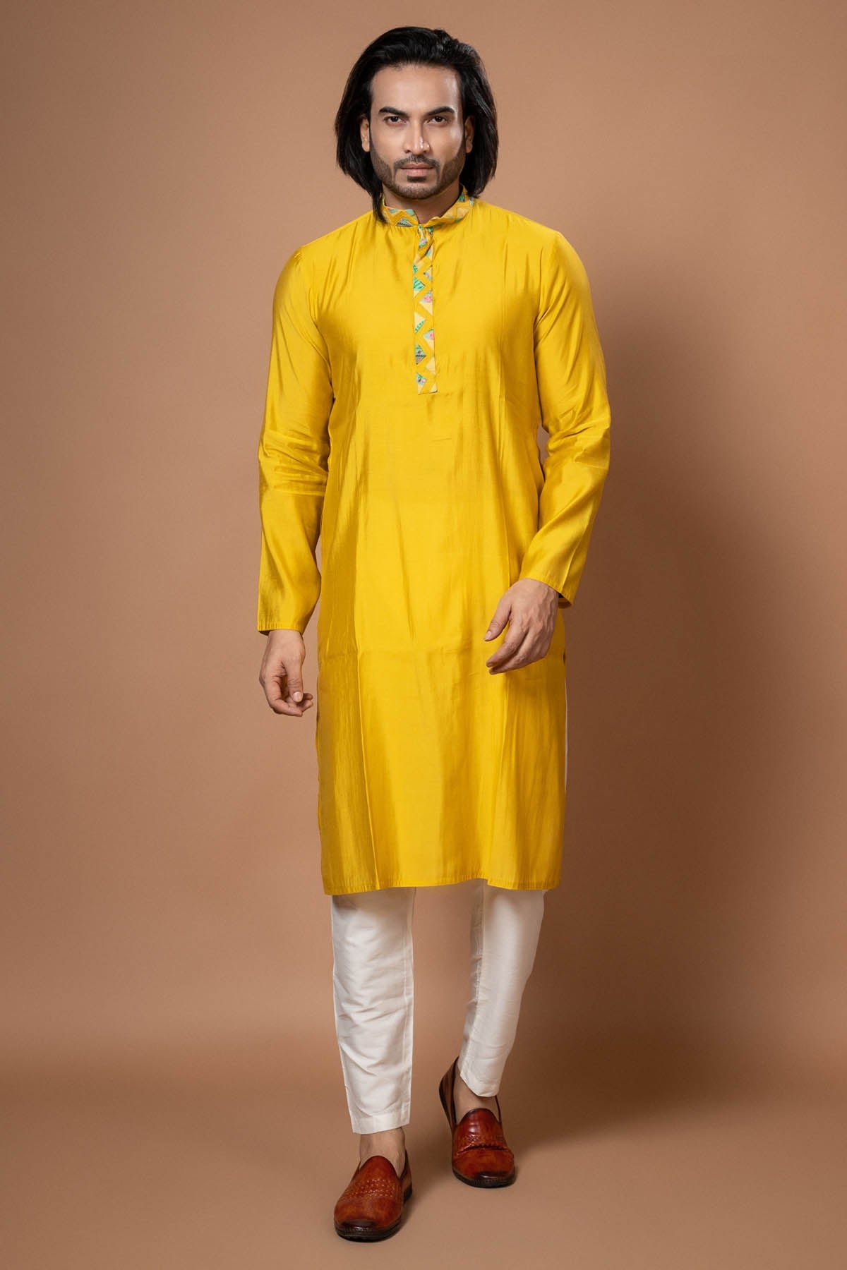 Priyanka Haralalka Yellow Collar Kurta & Pyjama for men online at ScrollnShops