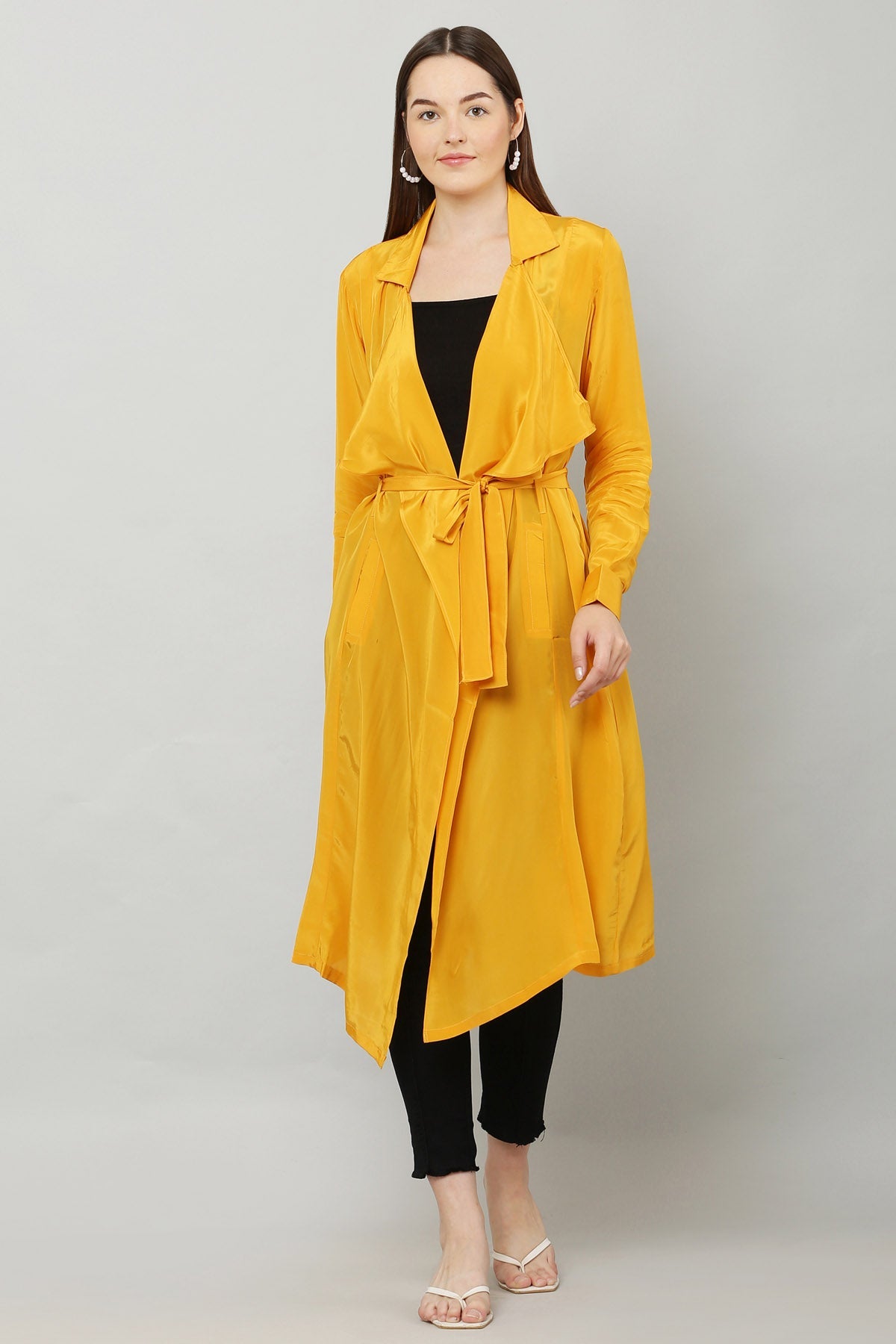 Designer Kusmi Radiant Ray: Flowing Yellow Crepe Jacket with Self-Tie For Women at ScrollnShops