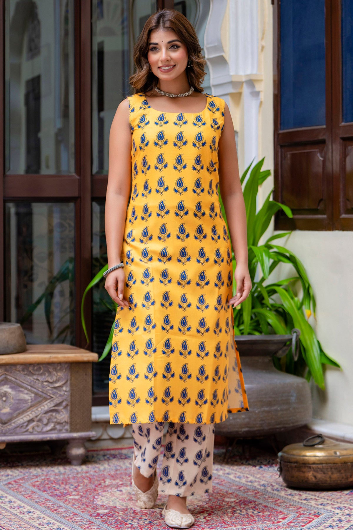 Yellow Cotton Blend Kurta Set