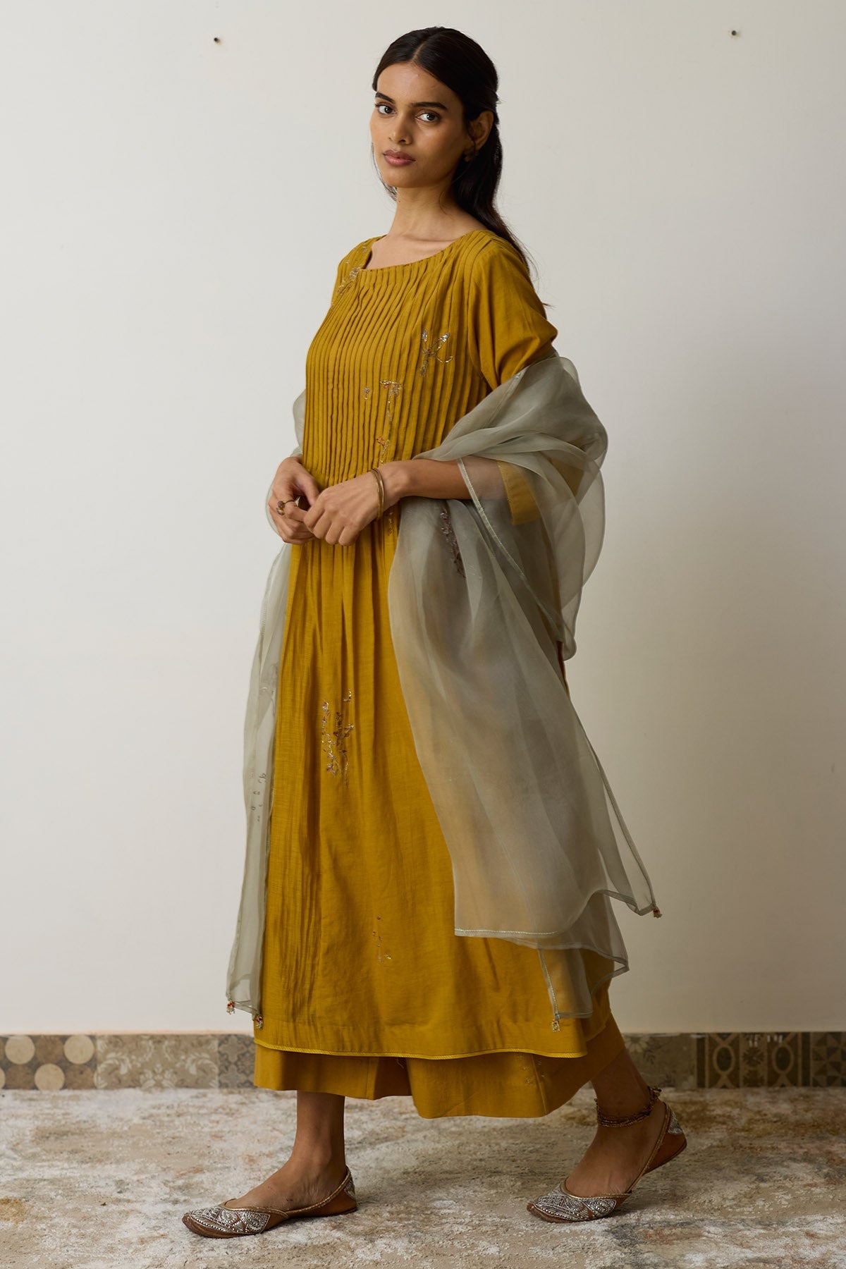 Buy Yellow Cotton Dabka Kurta Set for women by Rhua India online available at scrollnshops