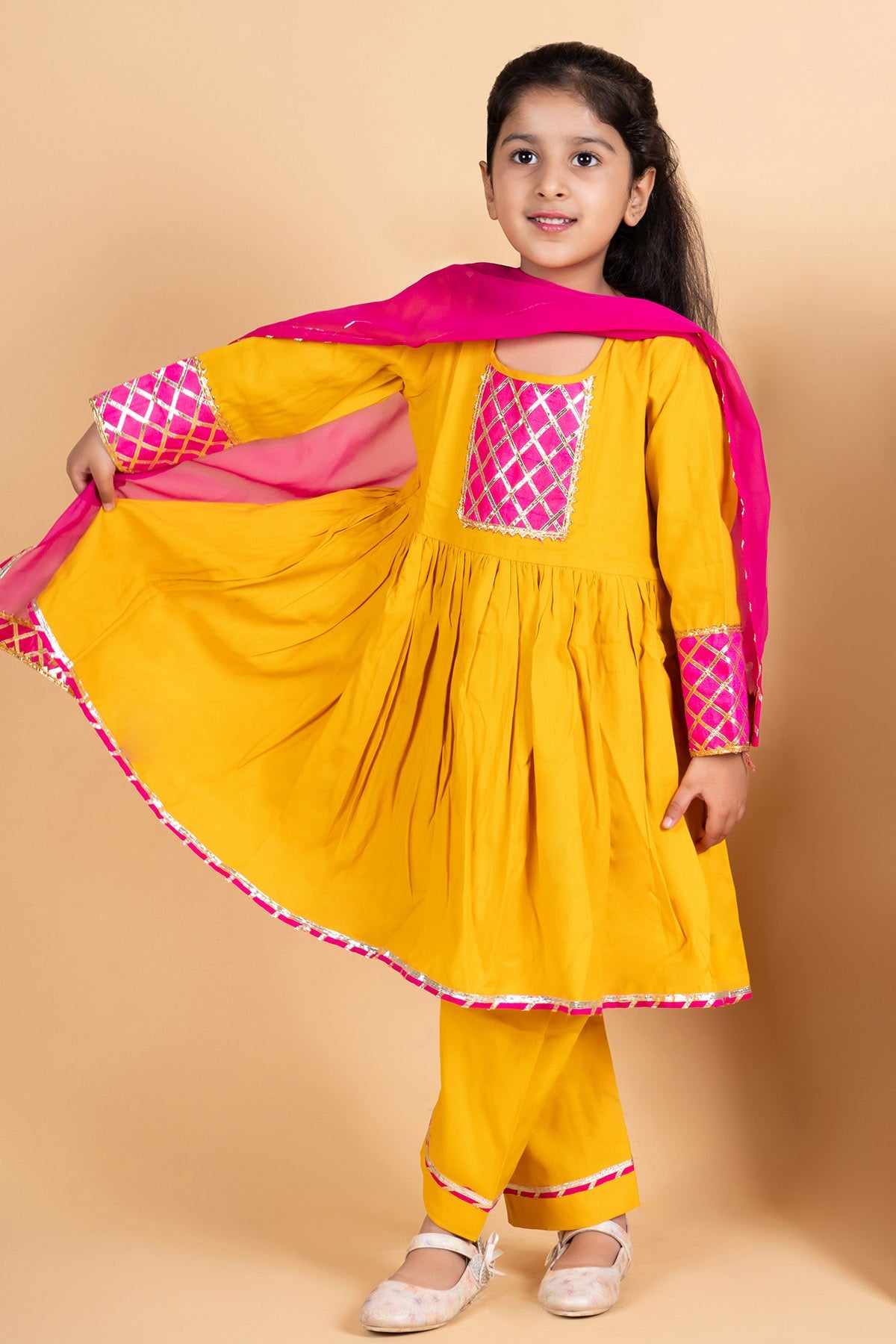 Buy Yellow Cotton Flared Kurta Set by ViYa for Girls online at ScrollnShops