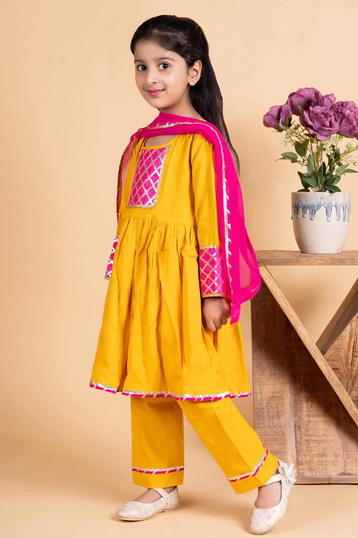 Yellow Cotton Flared Kurta Set