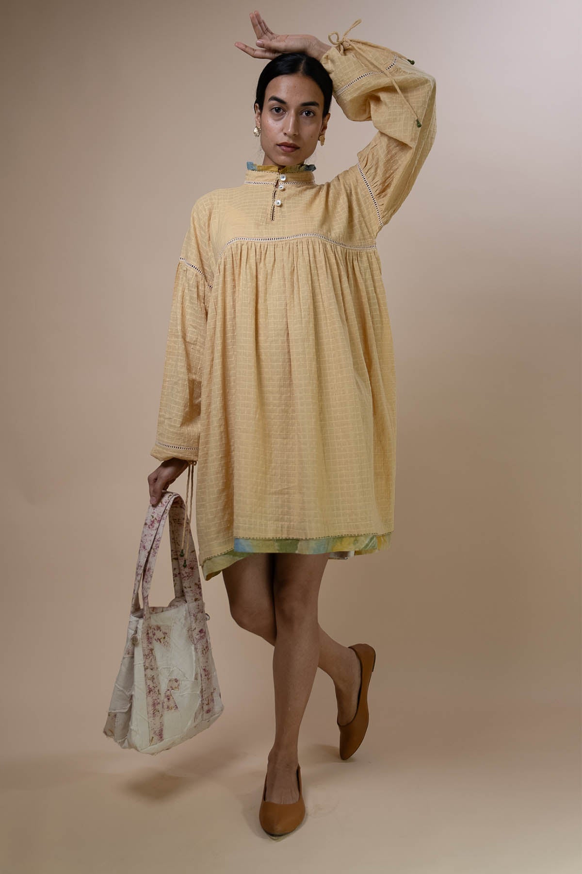 Buy Yellow Cotton Gathered Dress by Lafaani for women online at ScrollnShops