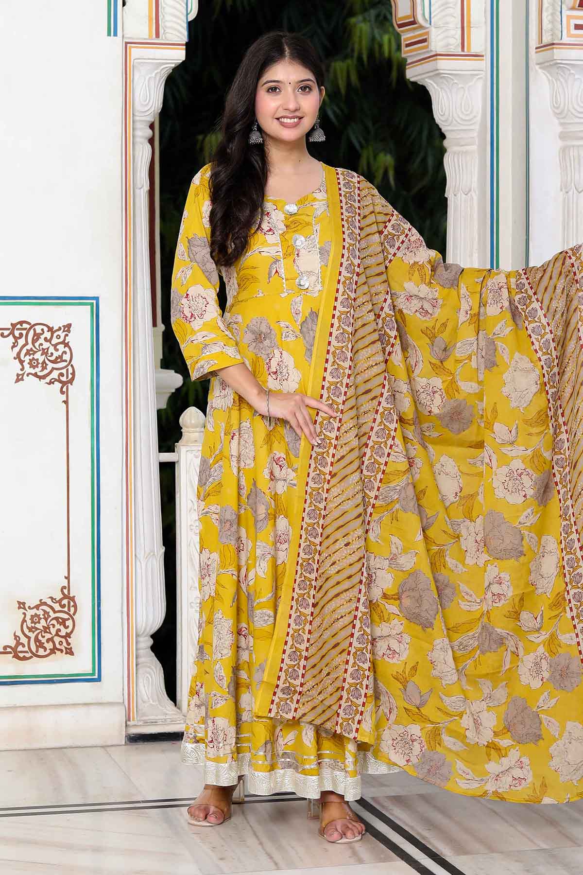 Buy Yellow Cotton Kurta & Dupatta by Miravan for women online at ScrollnShops