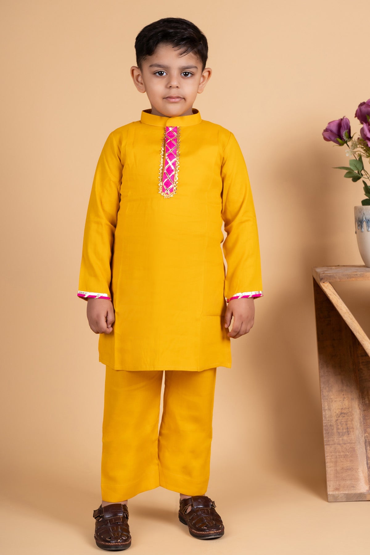 Buy Yellow Cotton Kurta & Pyjama by ViYa for Boys online at ScrollnShops