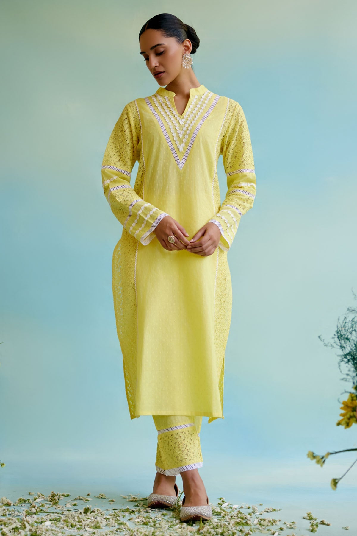Nero Yellow Cotton Lace Kurta Set for women at ScrollnShops