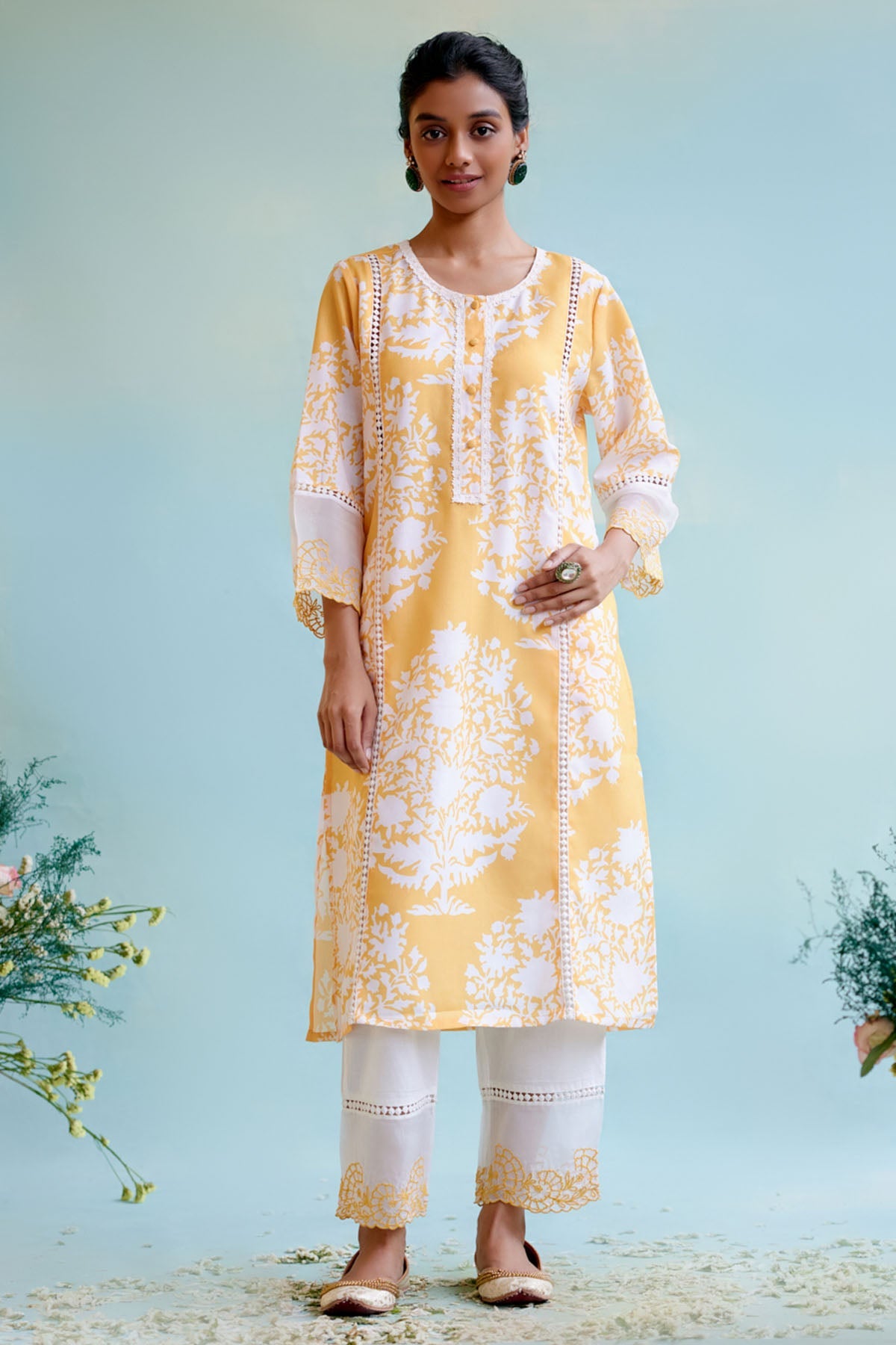 Nero Yellow Cotton Linen Kurta Set for women at ScrollnShops