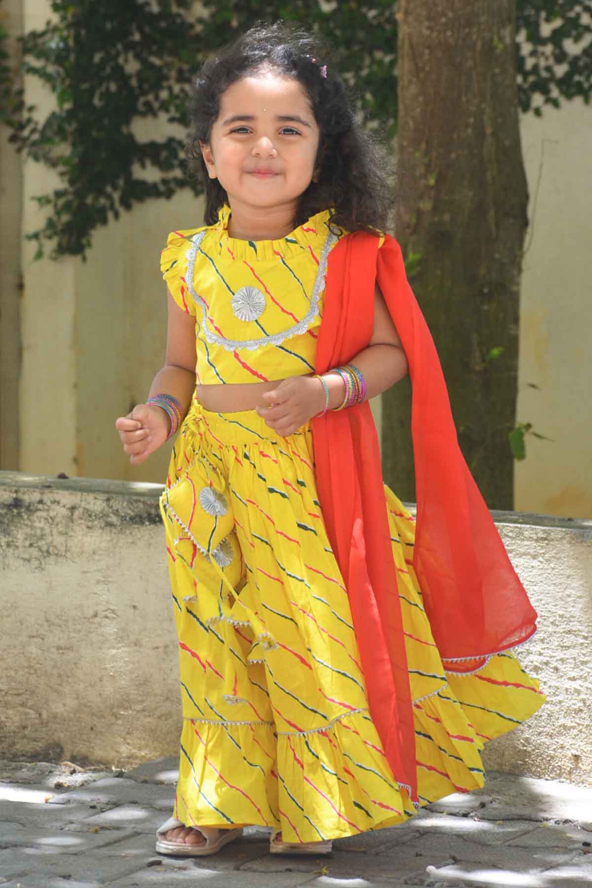 Mamma's Bear Yellow Cotton Print Lehenga Set for kids online at ScrollnShops