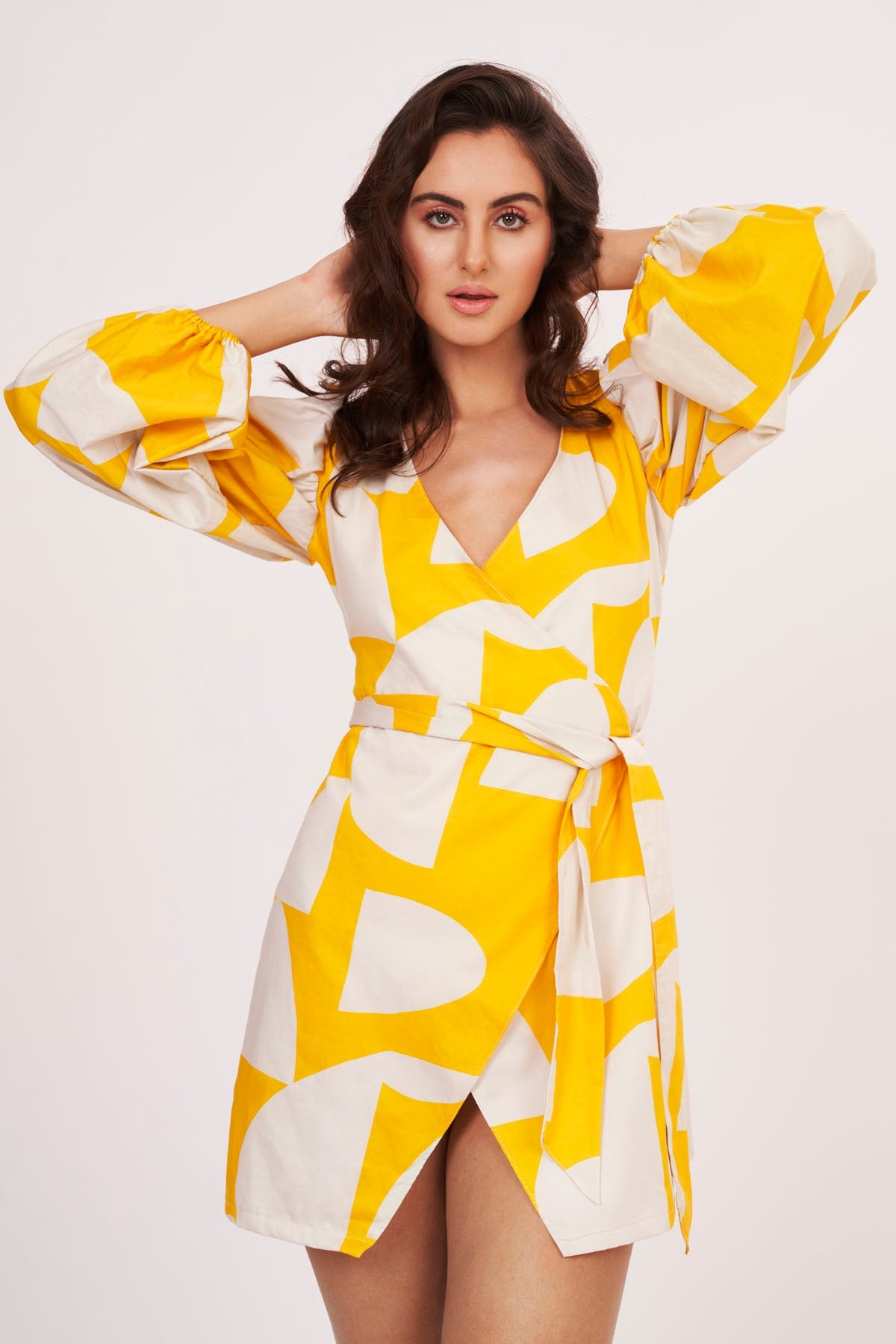 Buy Designer Yellow Cotton Satin Wrap Dress for Women Online