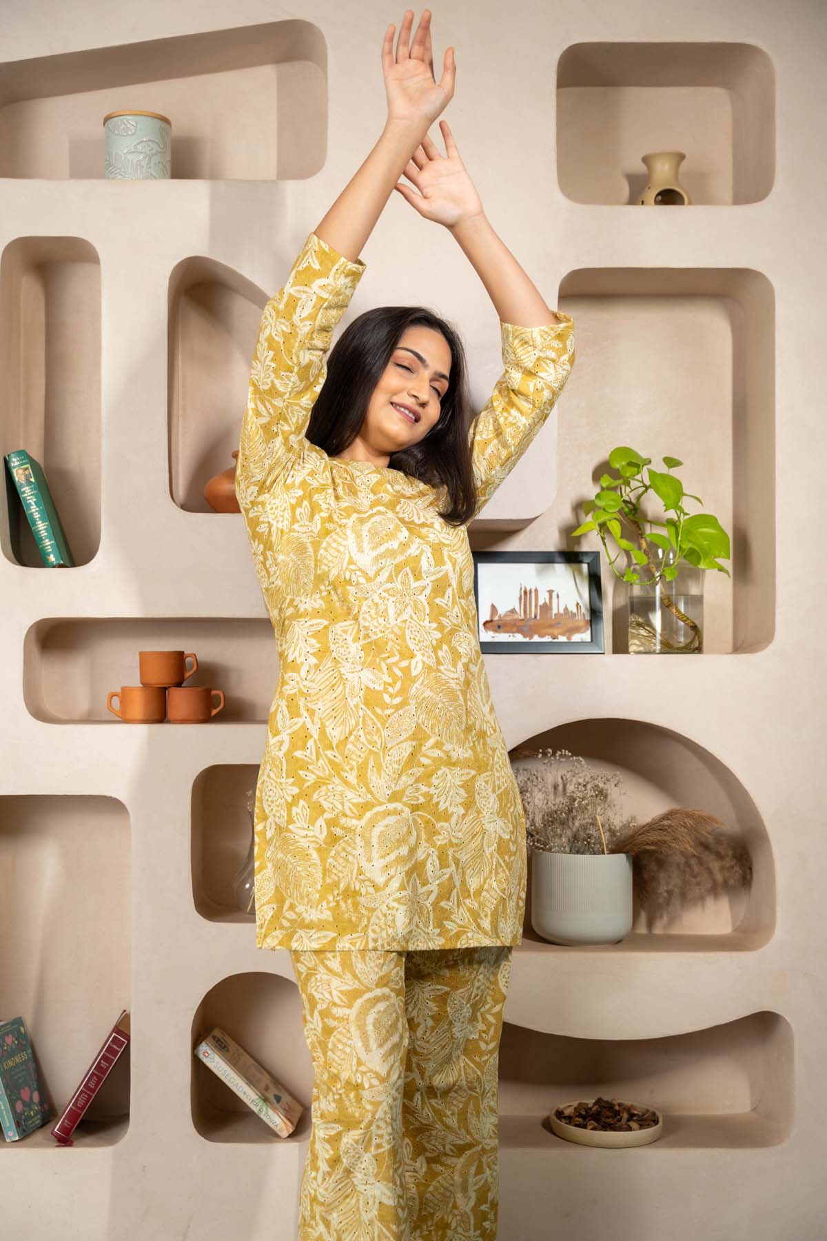 Yellow Cotton Schiffli Co-ord Set