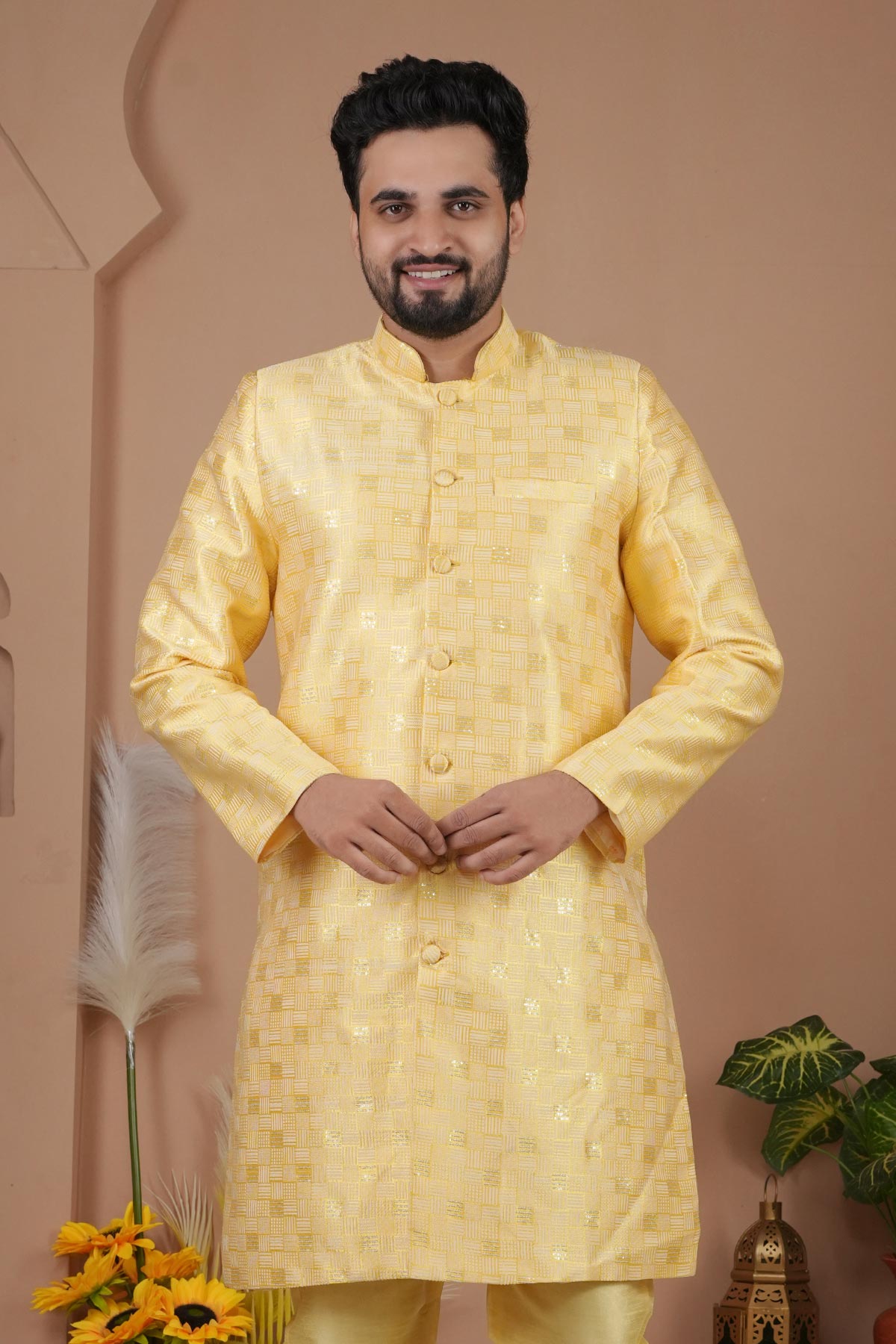 Yellow Cotton Silk Sherwani Set