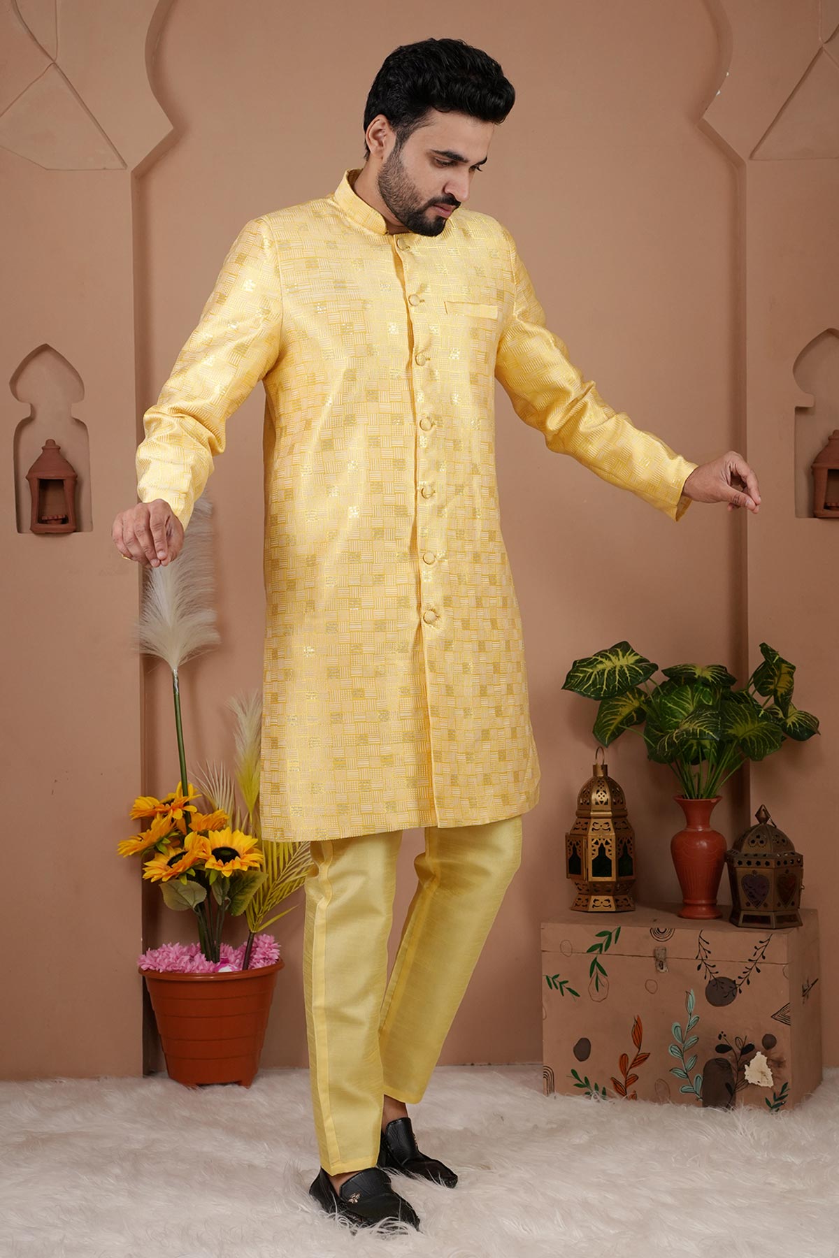 Buy Yellow Cotton Silk Sherwani Set for men by Aastha Fashion online available at scrollnshops