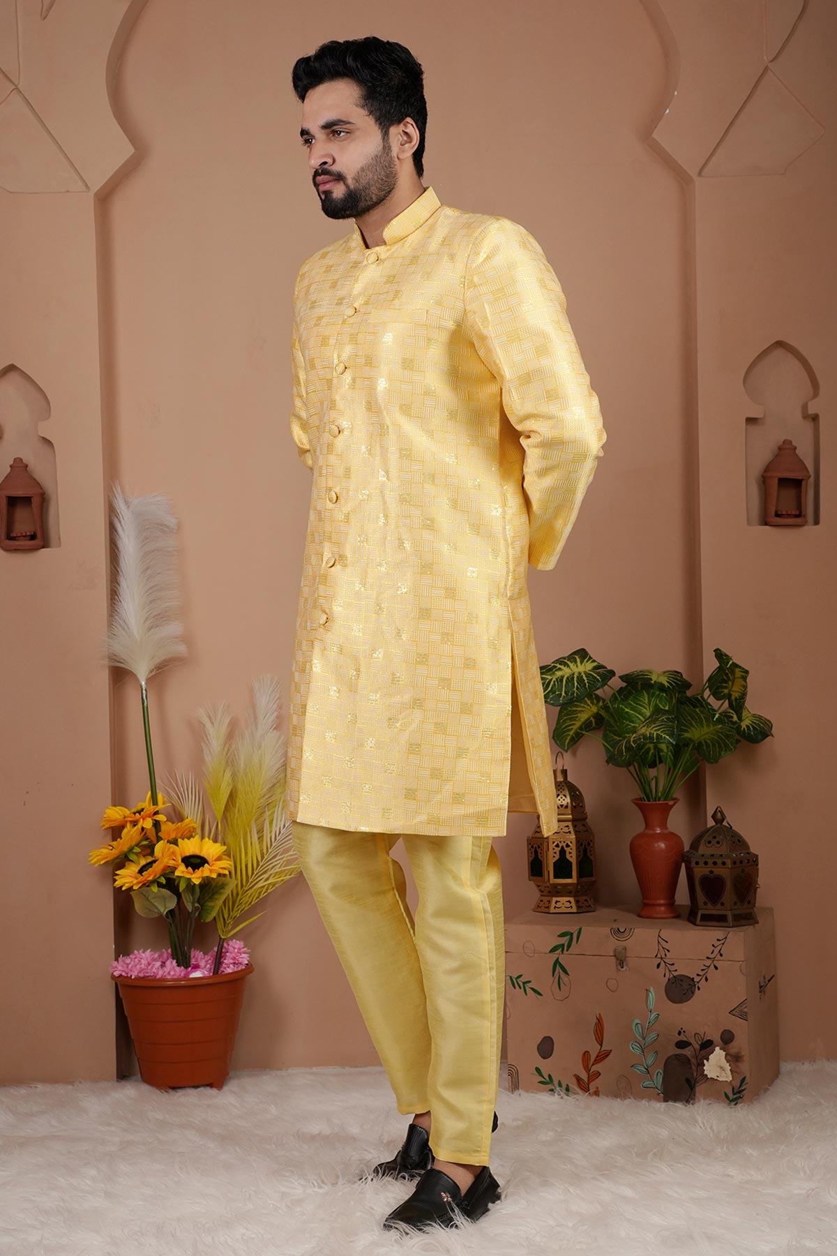 Yellow Cotton Silk Sherwani Set