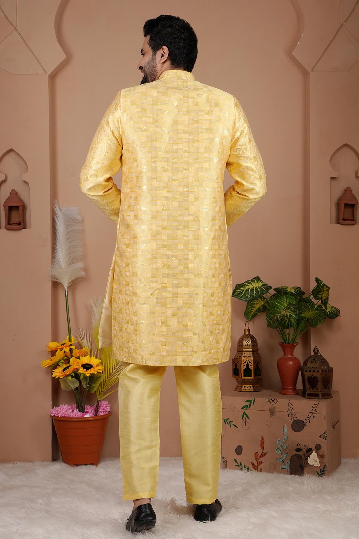 Yellow Cotton Silk Sherwani Set