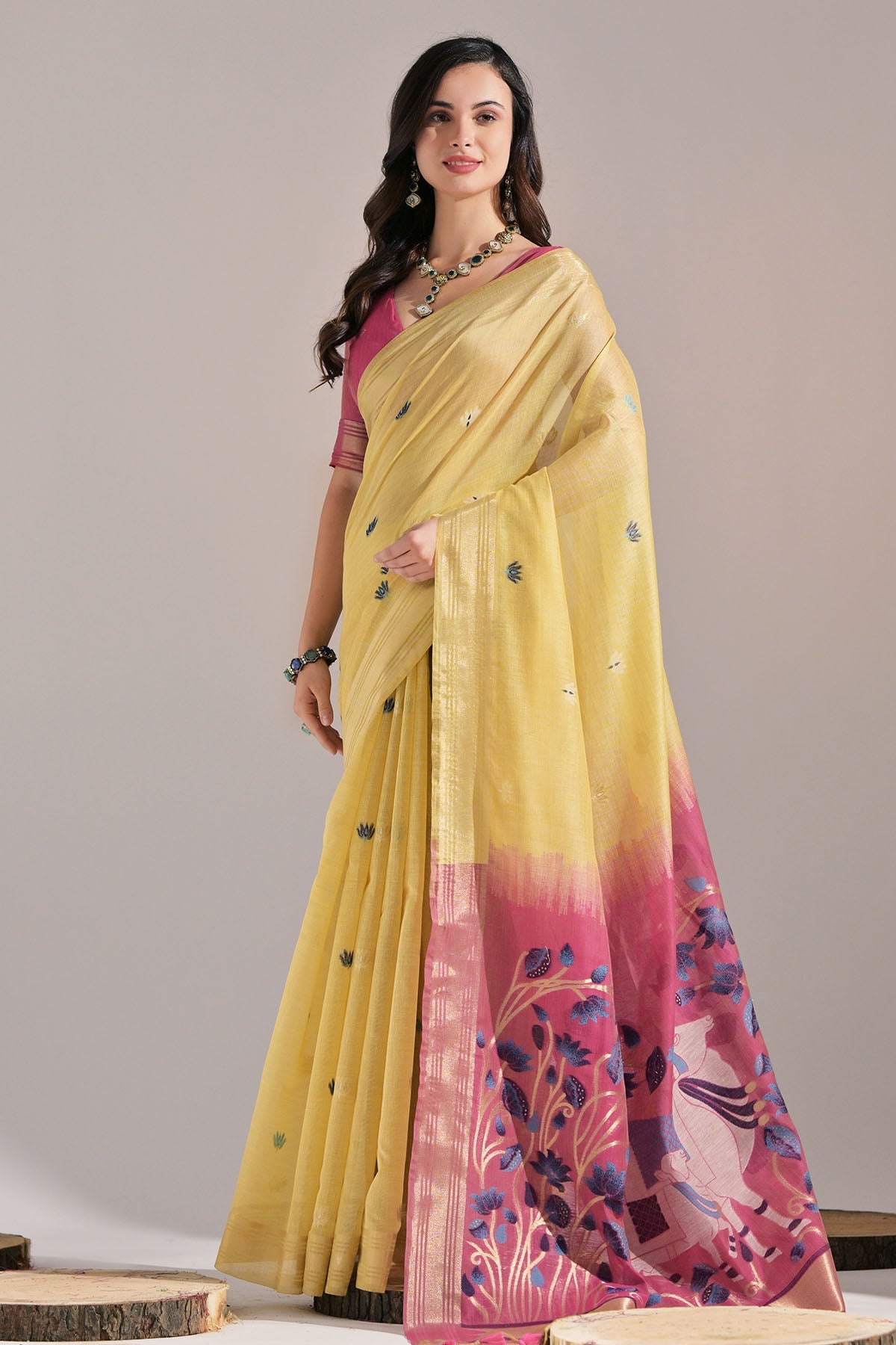 Buy Yellow Cow Thread Work Saree by Lili Lala for women online at ScrollnShops