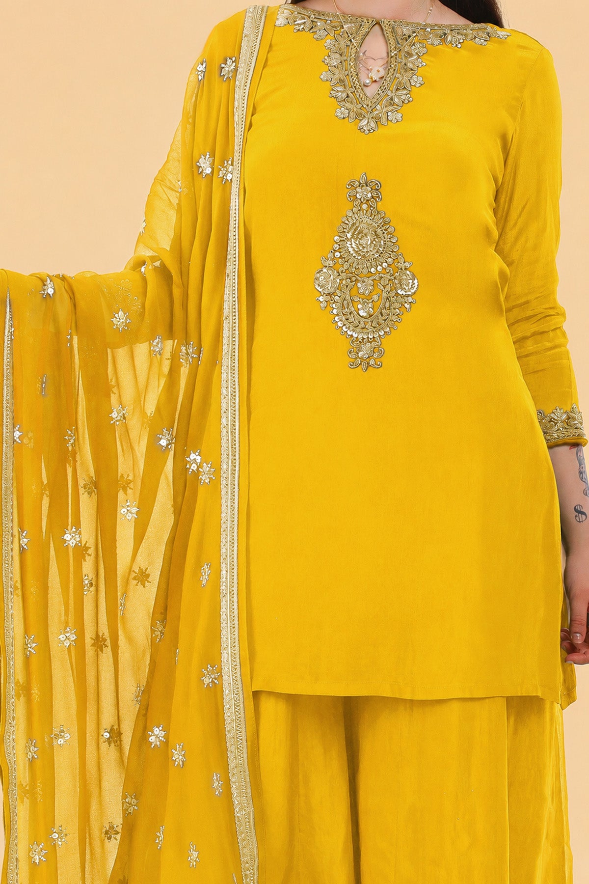 Yellow Crepe Sequins Kurta Set
