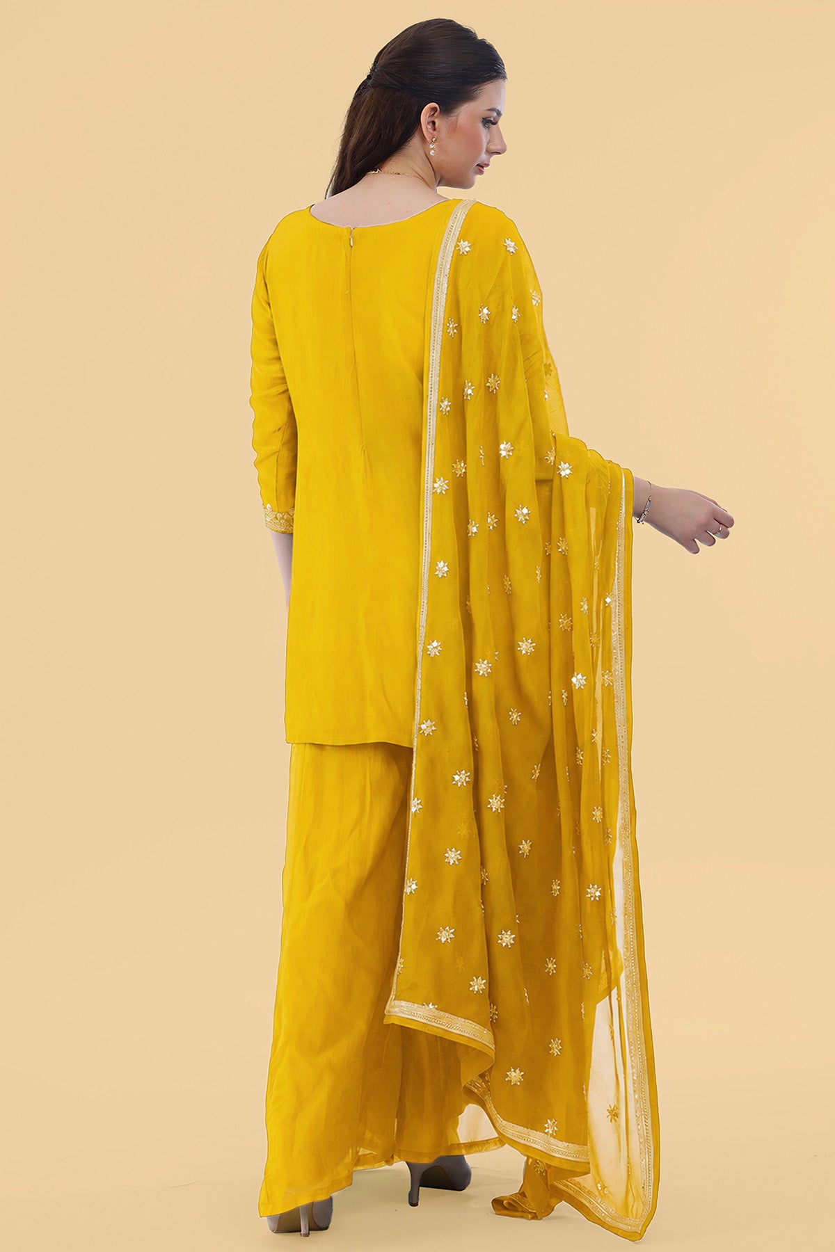 Yellow Crepe Sequins Kurta Set