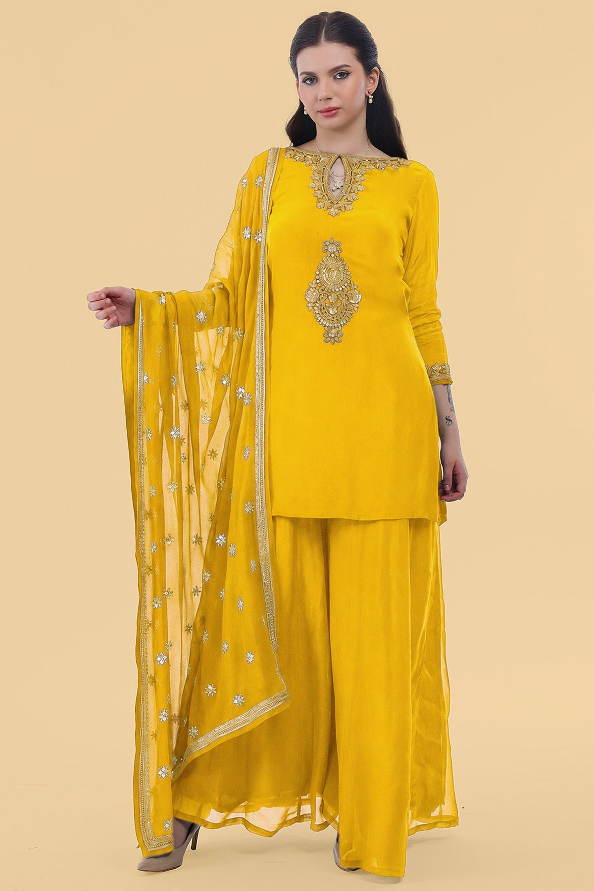 Buy Yellow Crepe Sequins Kurta Set for women by Milu Madan online available at scrollnshops