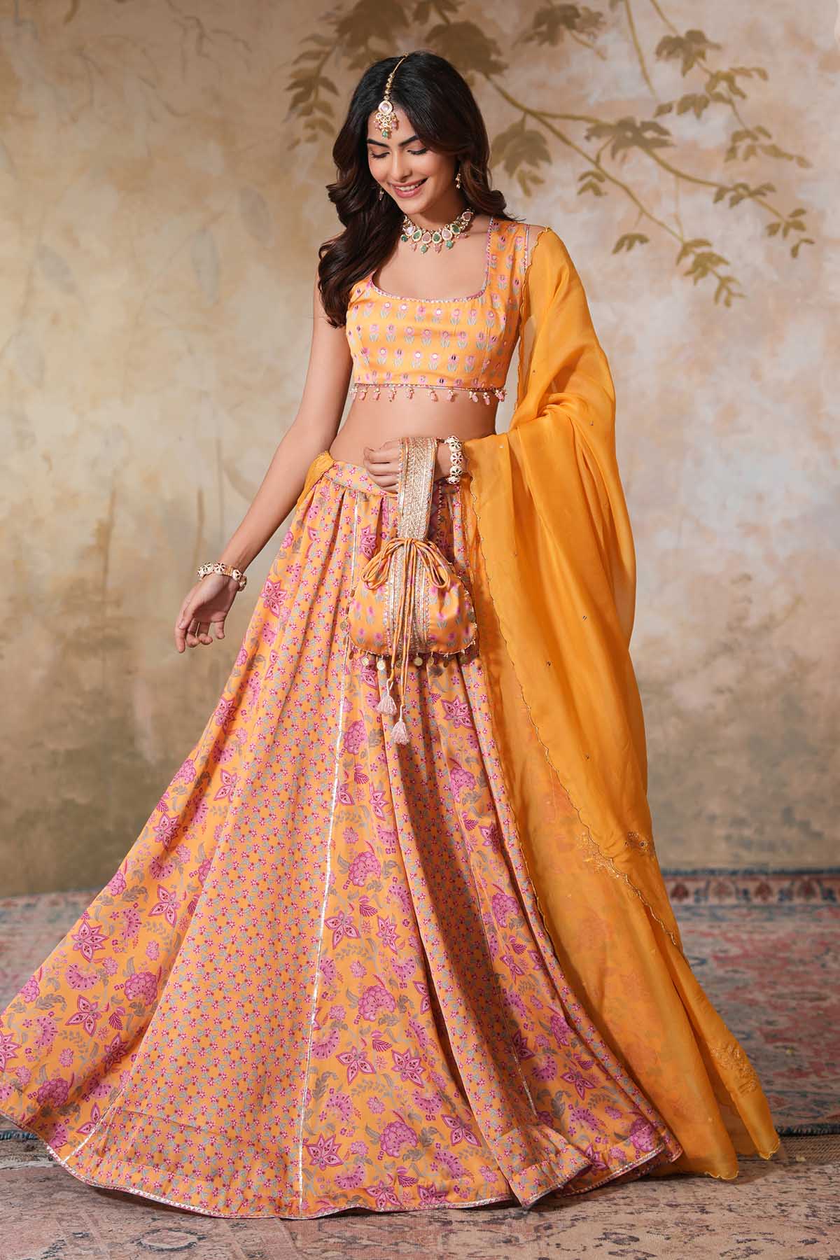 Buy Yellow Crepe Silk Lehenga Set by Ugna by Unnati for women online at ScrollnShops