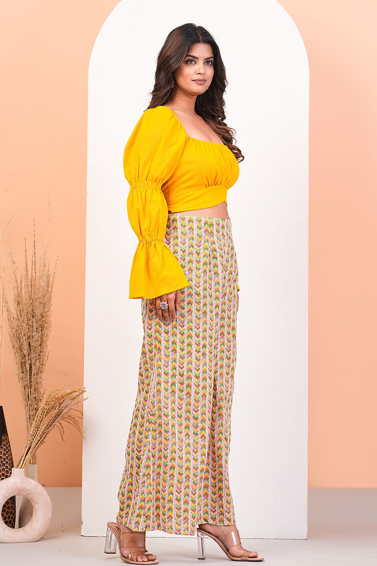 Yellow Crop Top & Printed Pants