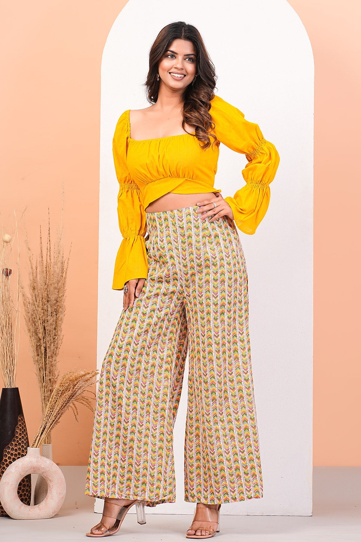 Buy Yellow Crop Top & Printed Pants by Namita Sharma for Women online at ScrollnShops