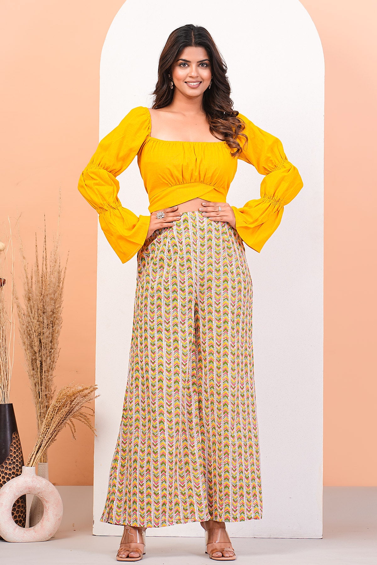 Yellow Crop Top & Printed Pants