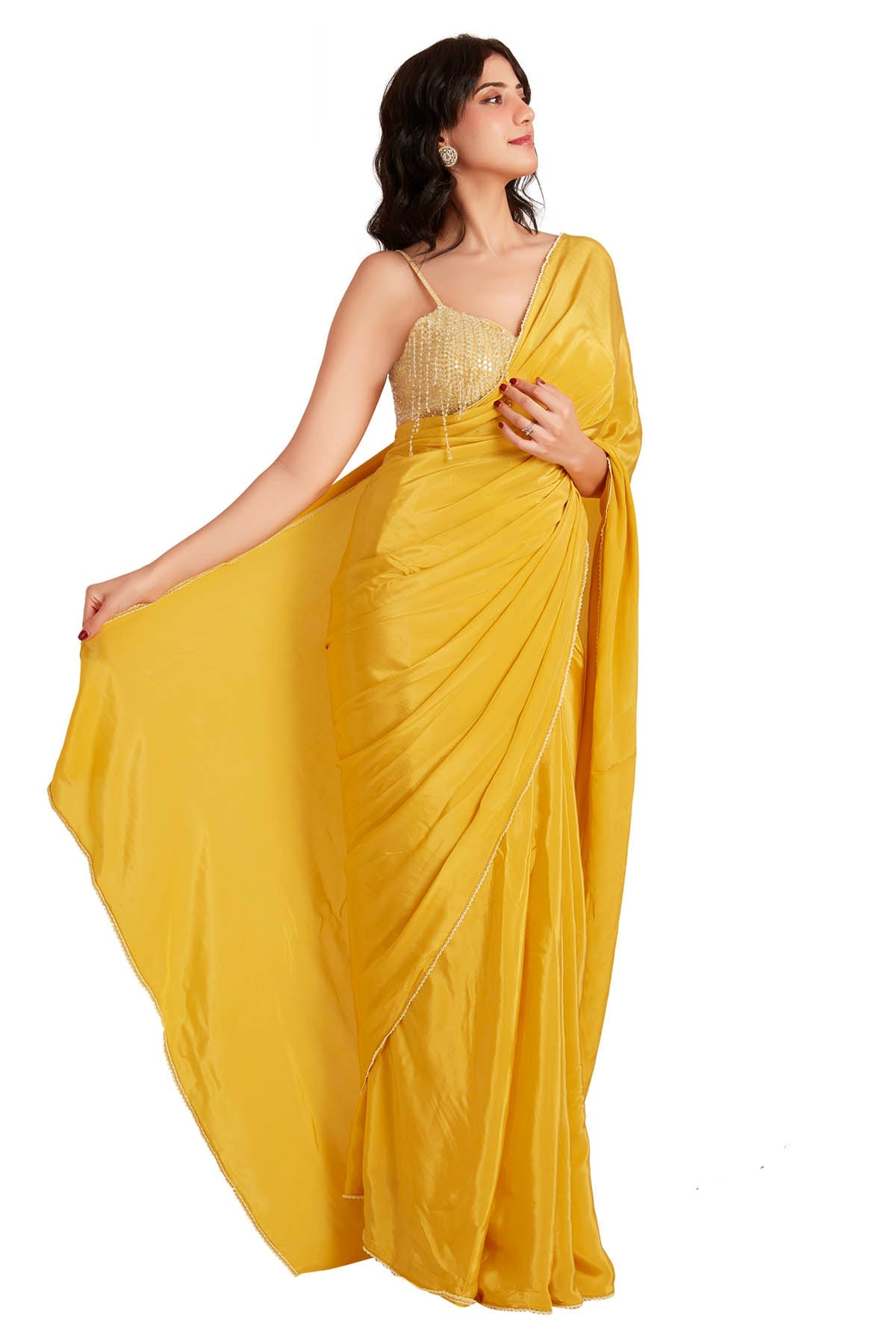 Vastra by Mala Munde Yellow Crystal Embroidered Saree for women online at ScrollnShops