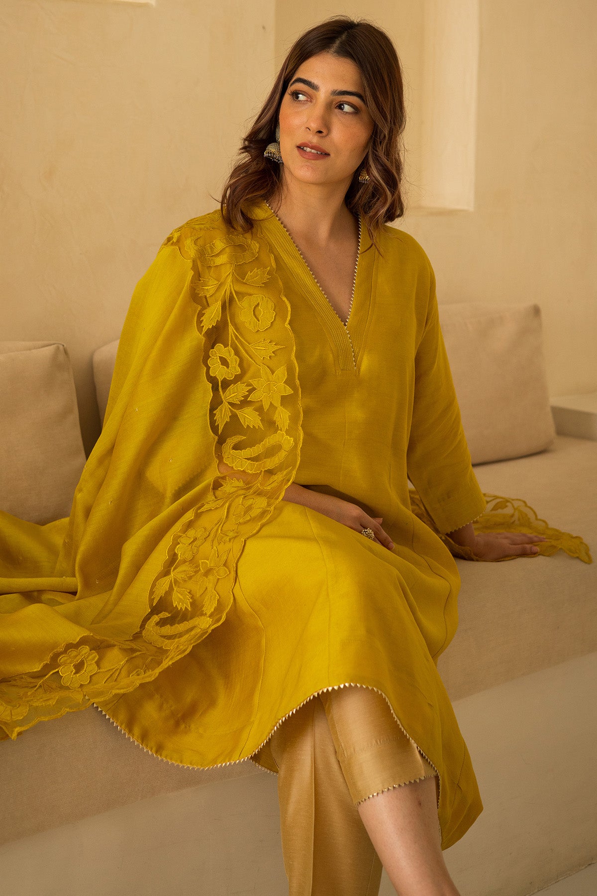 Yellow Cut Work Anarkali Set