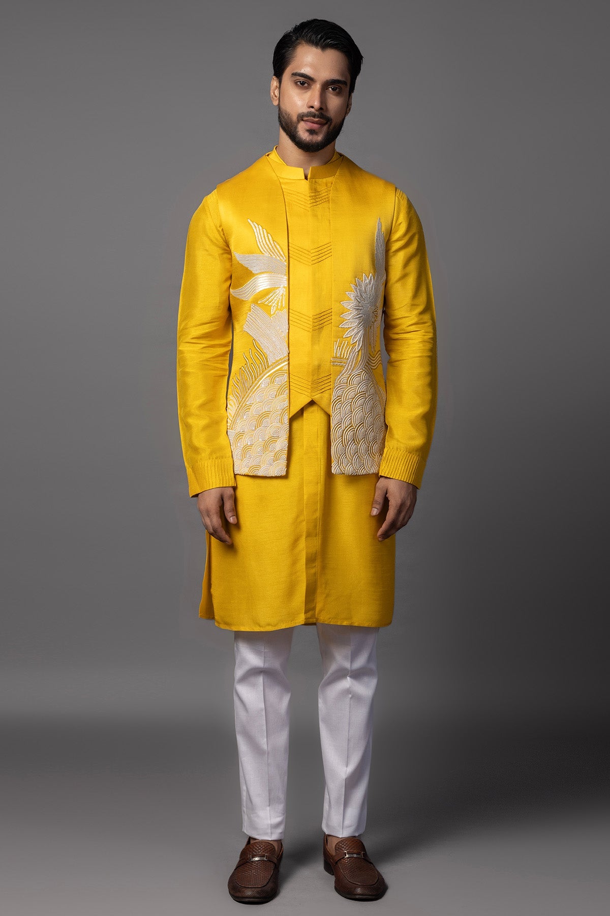 Buy Yellow Dabka & Moti Kurta Set for men by Paarsh Atelier online available at scrollnshops
