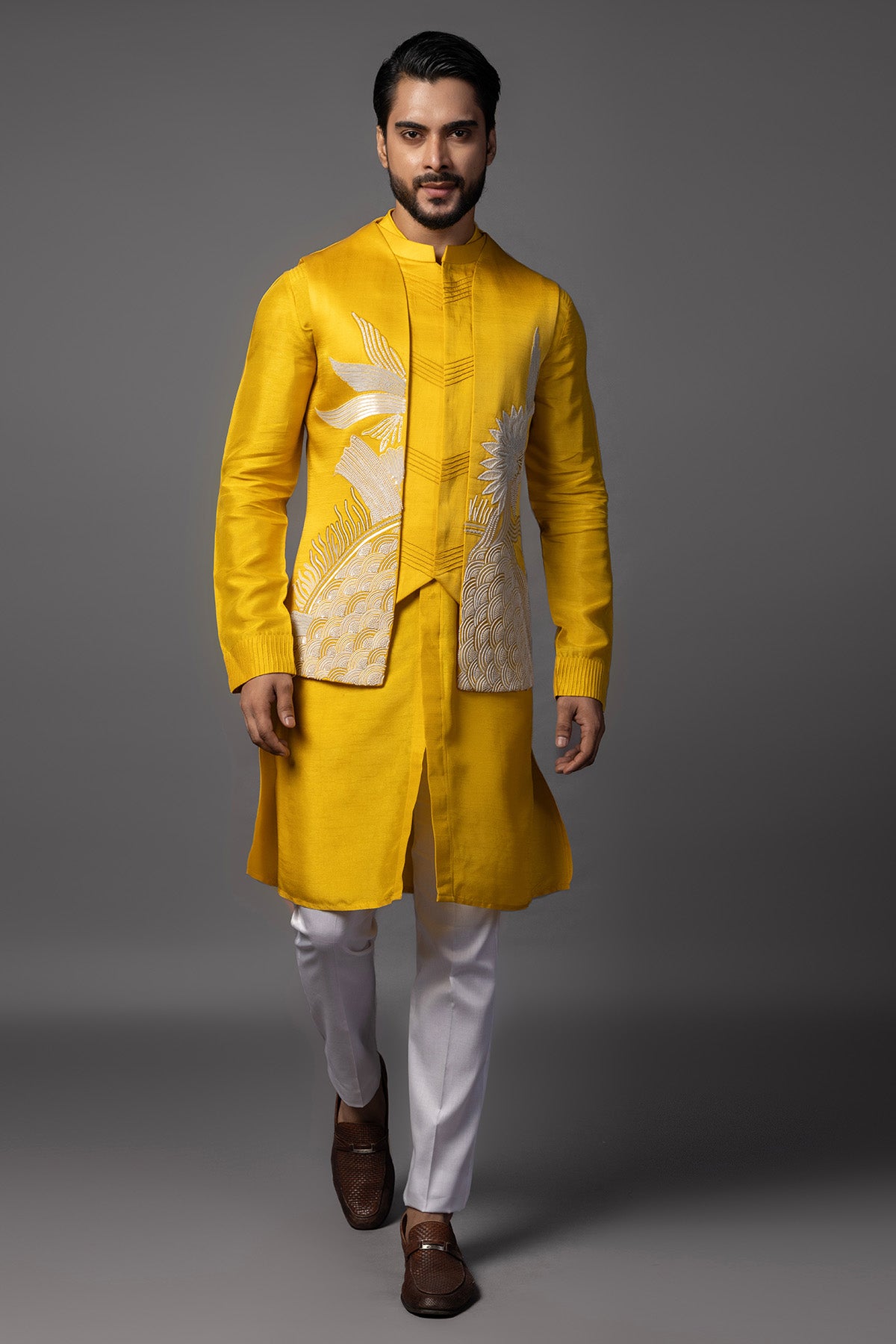 Yellow Dabka & Moti Kurta Set