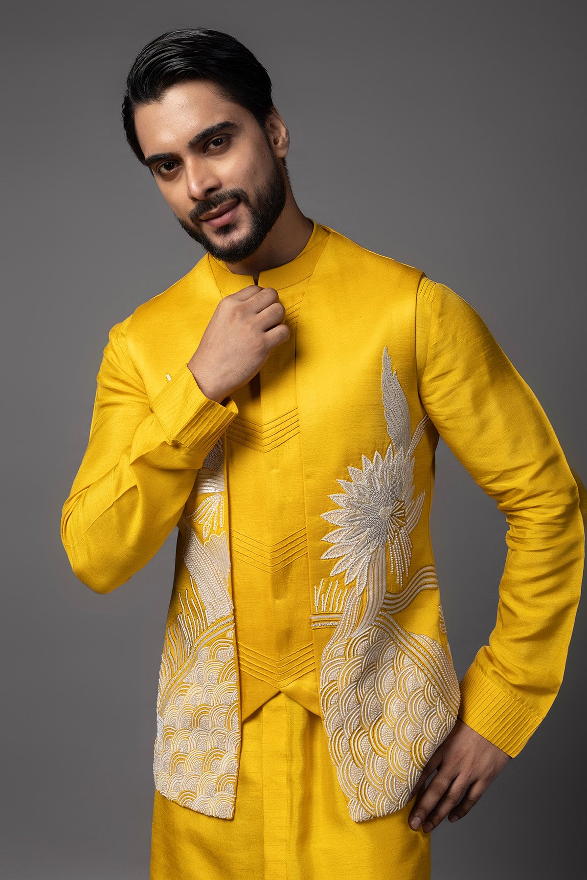 Yellow Dabka & Moti Kurta Set