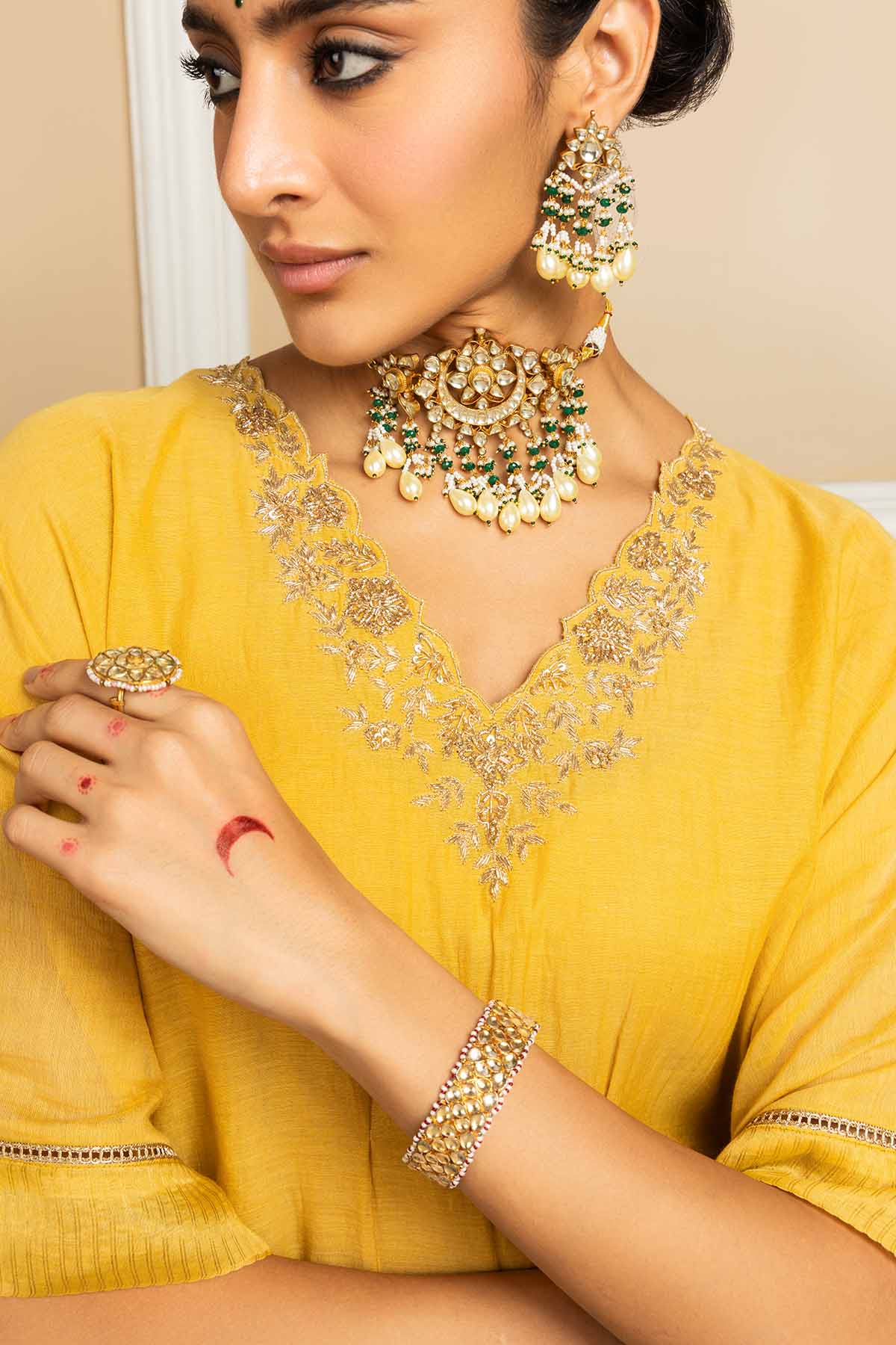 Yellow Dabka Work Kaftan Set