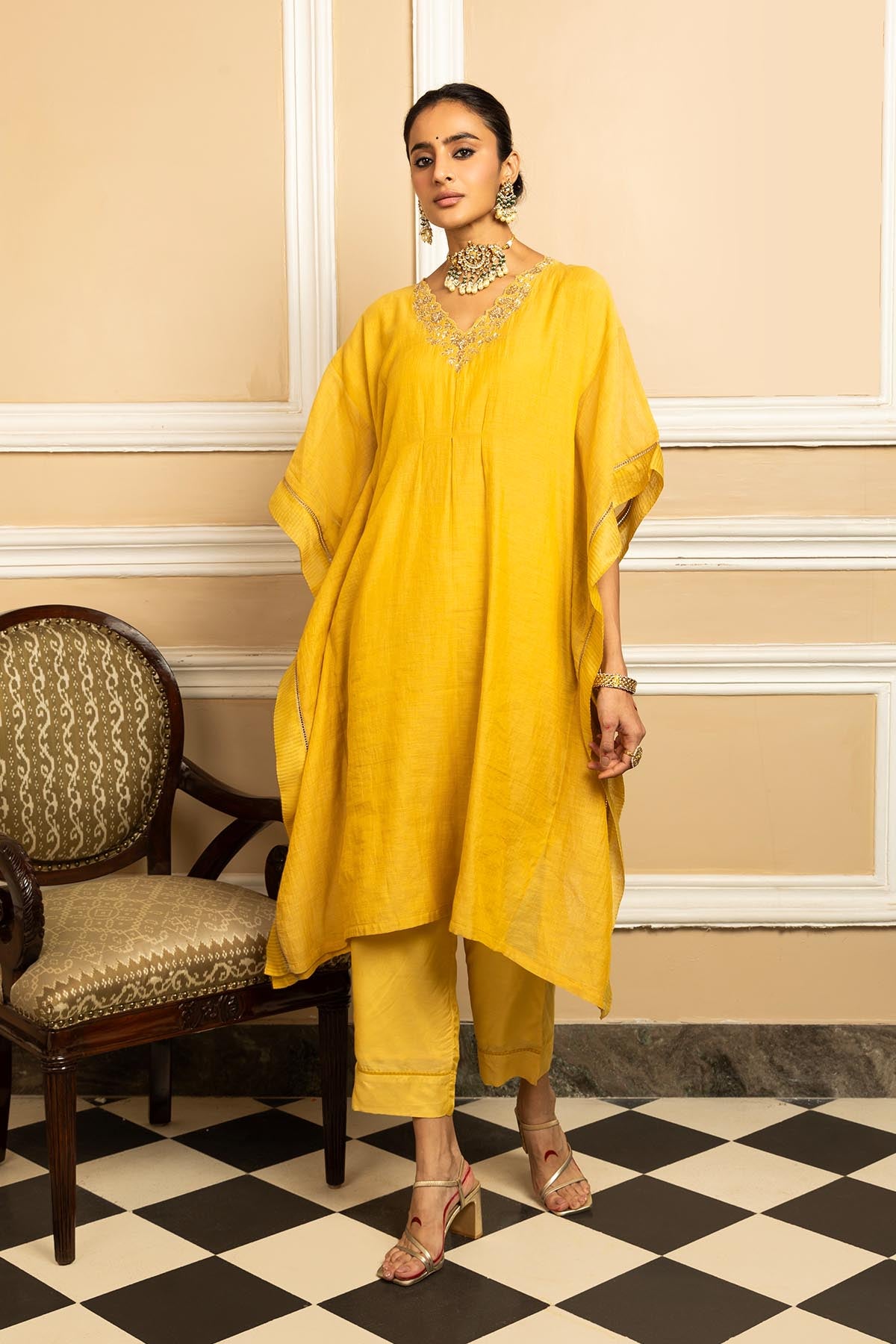 Yellow Dabka Work Kaftan Set