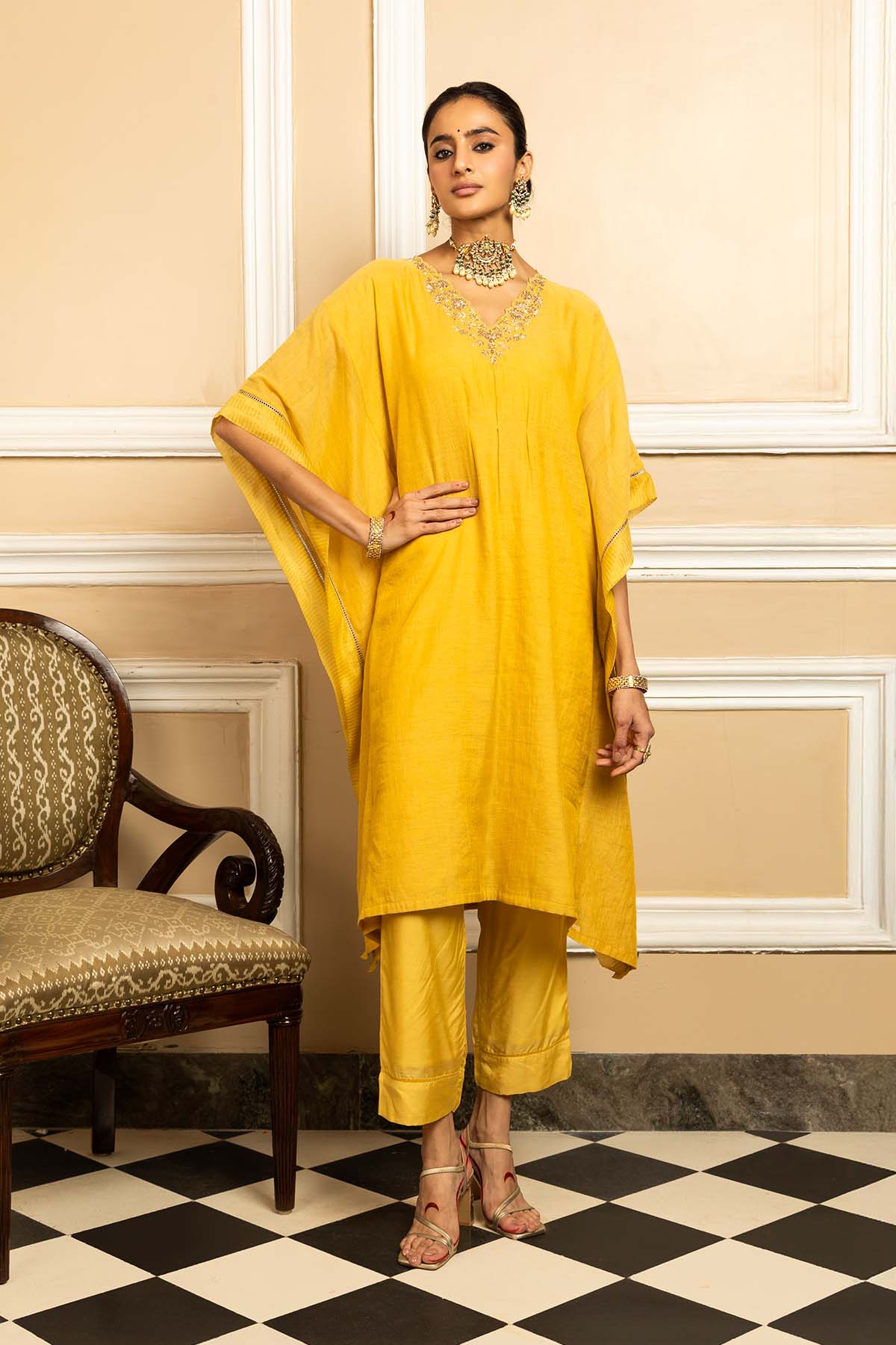 Buy Yellow Dabka Work Kaftan Set by Dohr India for women online at ScrollnShops