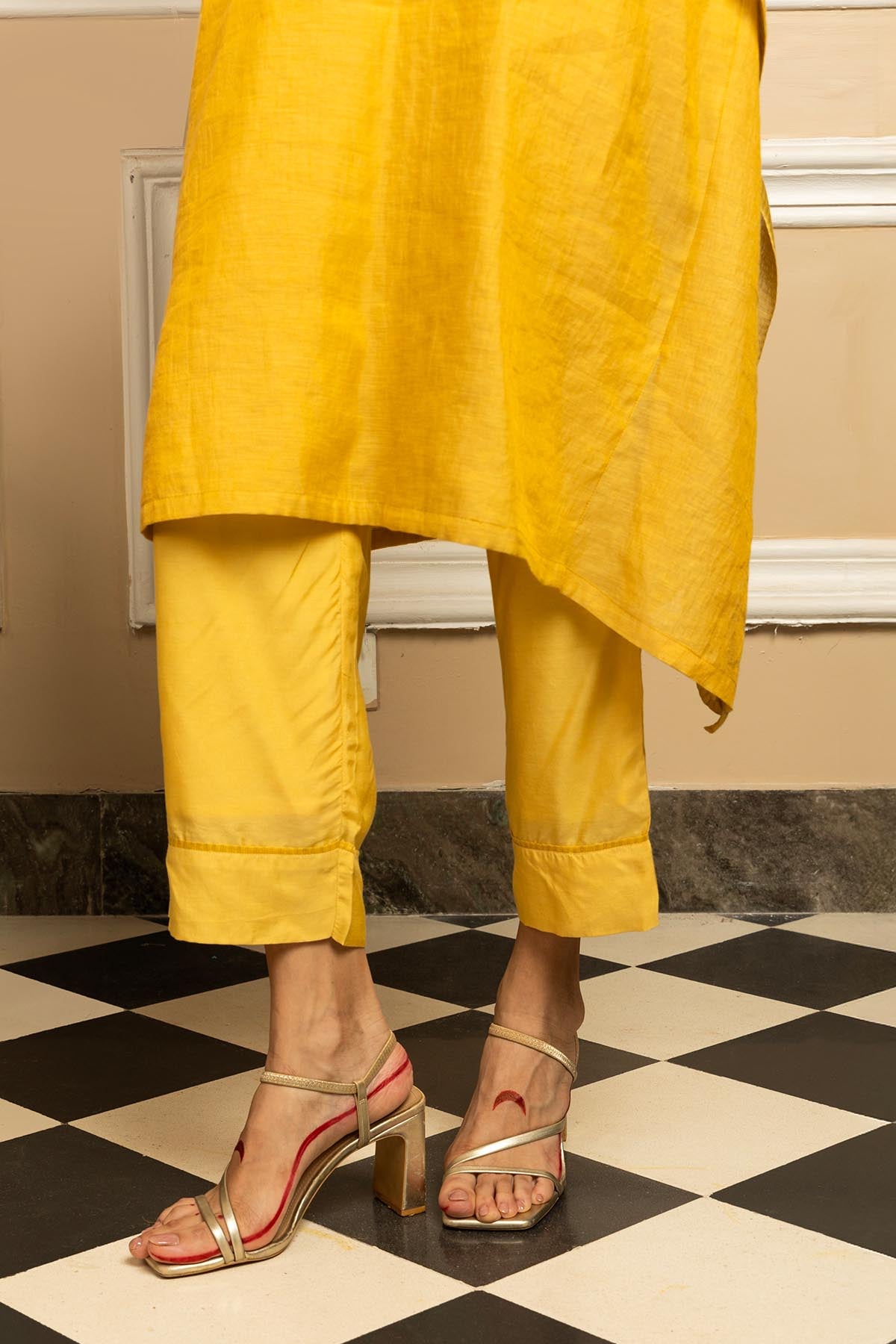 Yellow Dabka Work Kaftan Set