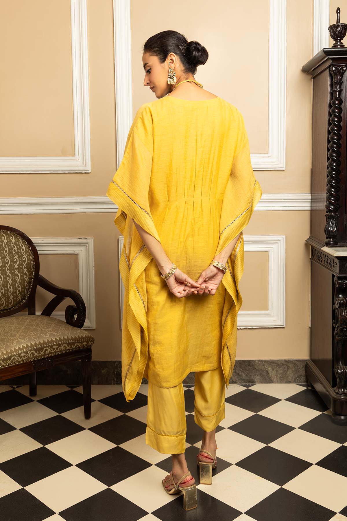 Yellow Dabka Work Kaftan Set